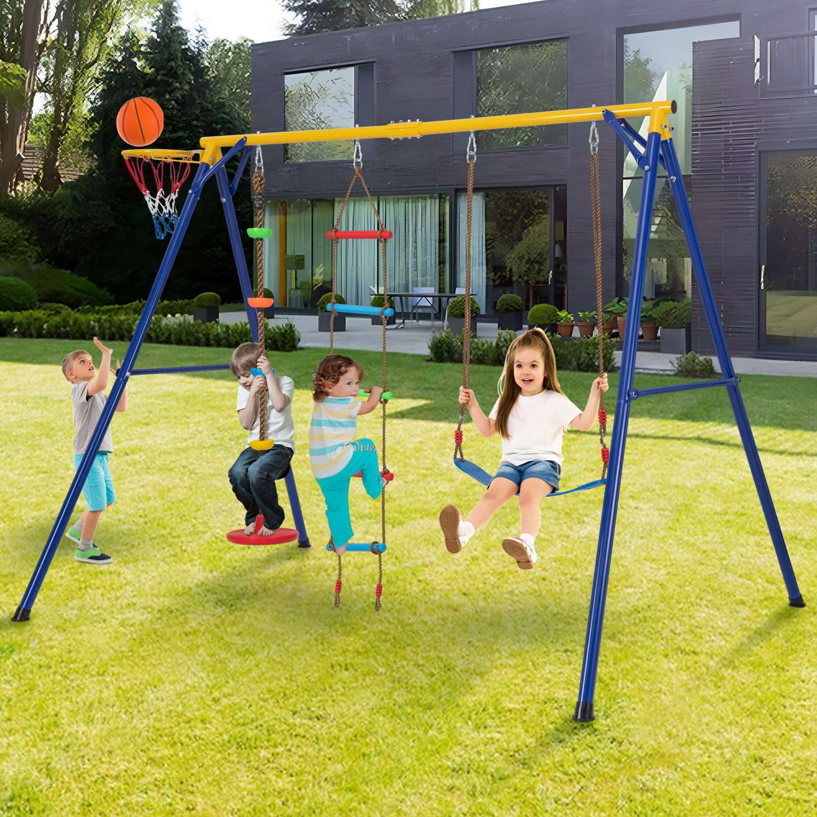 COSTWAY Schaukelkombination, Kinderschaukel mit Wippe & Turnringe