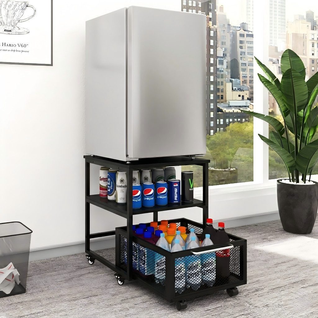 PUNCIA Beistelltisch mit Rollen und Metallkorb, 3-Stüfiger Kühlschrankständer, 50x50x60cm (1-St), Rollwagen mit Schublade, Küchenorganizer-Set