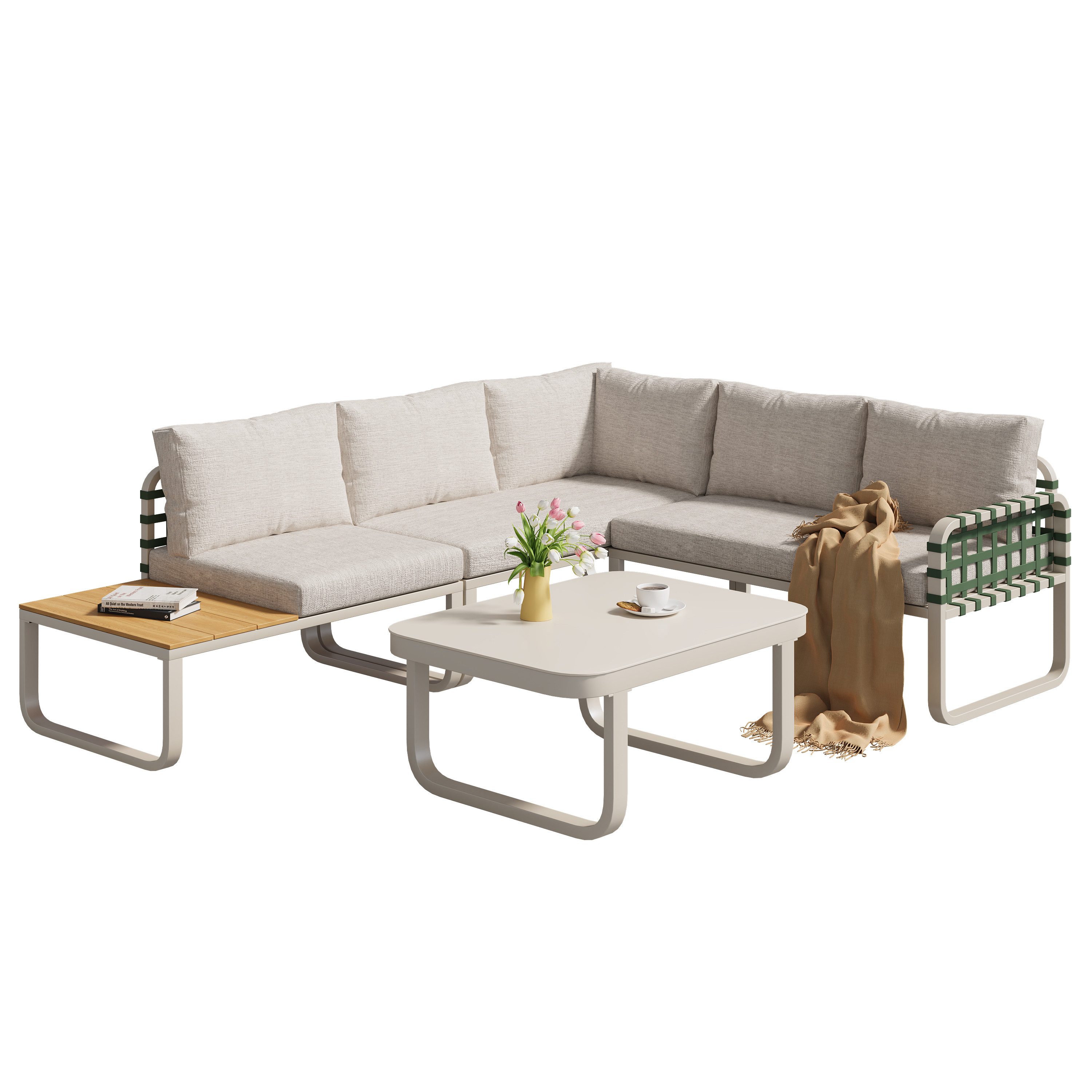 HAUSS SPOLE Sofa 4-5 Sitzer Grünes Rattan Gartenmöbel Set inkl. aller Kissen, Balkonset, Garten Lounge Set (4-5 Sitzer) – Grünes Leder Rattan Sofa mit verstellbaren Füßen, wasserabweisenden Kissen & robustem Eisenrahmen für Terrasse, Balkon, Garten – Inkl. Couchtisch & Bequemen Sitzpolstern, Aprikose, mit Relaxfunktion