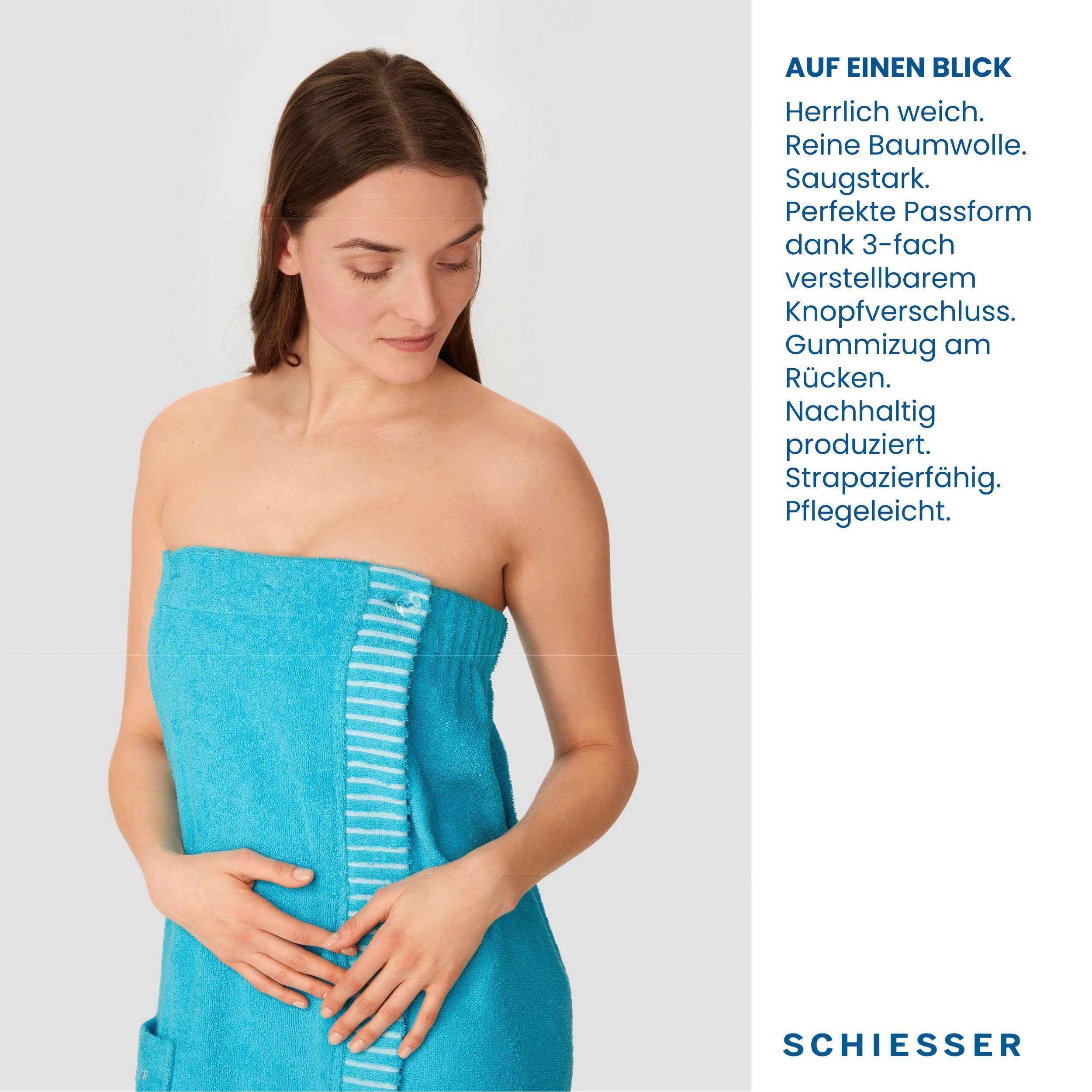 Schiesser Sarong Saunakilt Rom für Damen aus saugstarkem Baumwoll-Frottier,  Kurzform, Frottier, Knöpfe, mit Streifen-Akzent und Logostickerei