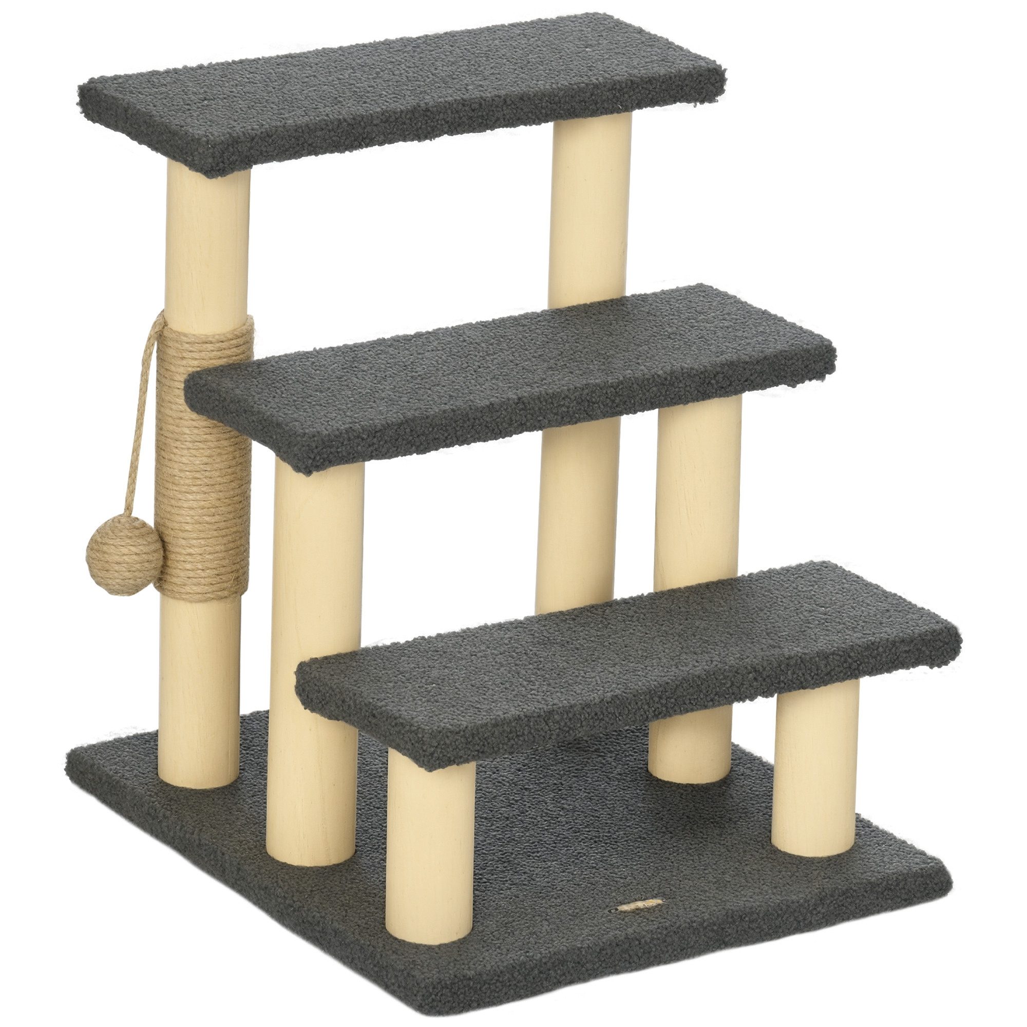 PawHut Kratzbaum mit Sisalsäule, Hundetreppe mit Spielball, Einstieghilfe, Kiefernholz, Grau+Natur, 45 x 40 x 48 cm