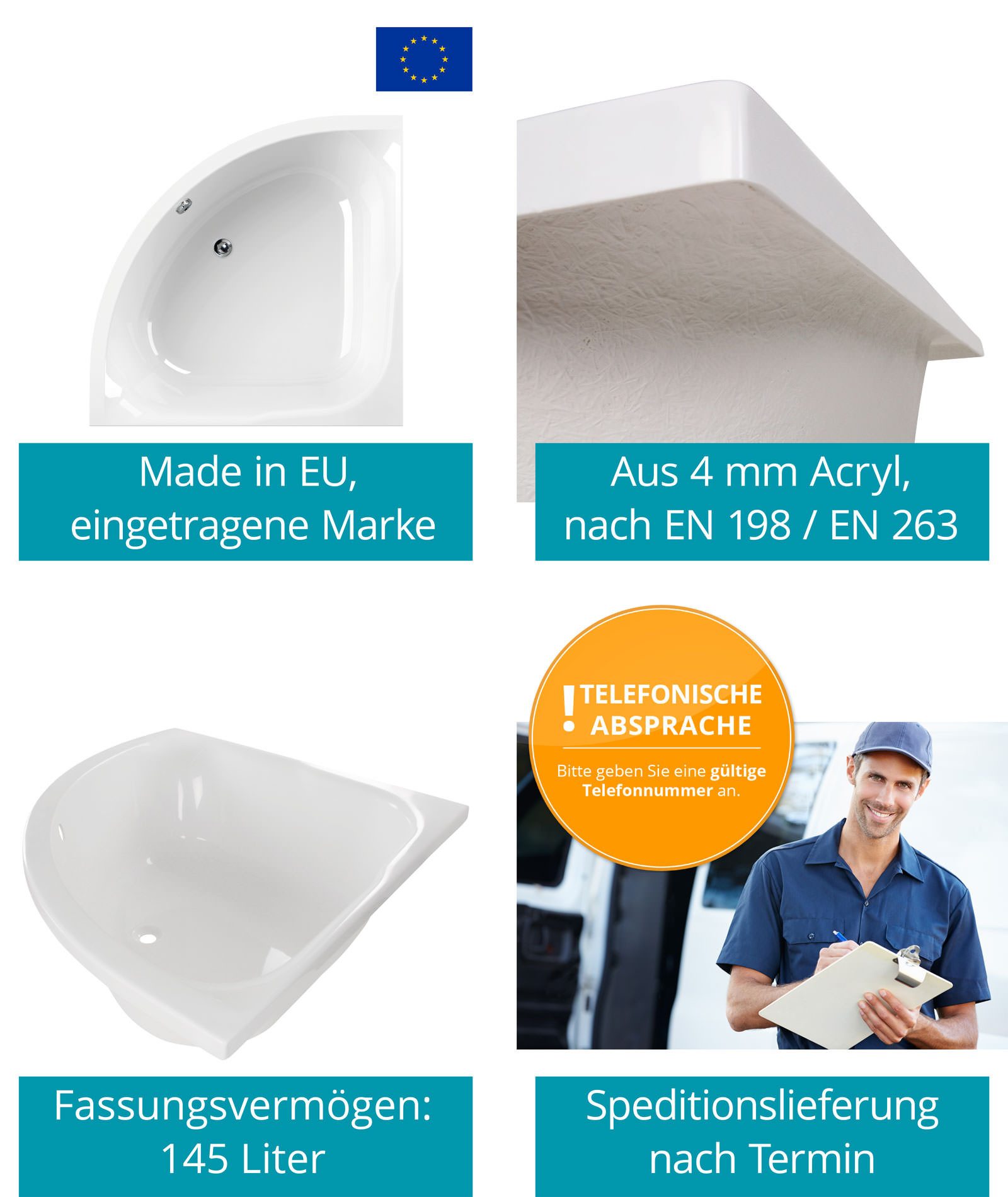 Calmwaters Eckwanne Modern Small 2, (1-tlg), Weiß, 120 x 120 cm, Acryl, platzsparende Raumsparbadewanne, 02SL2970