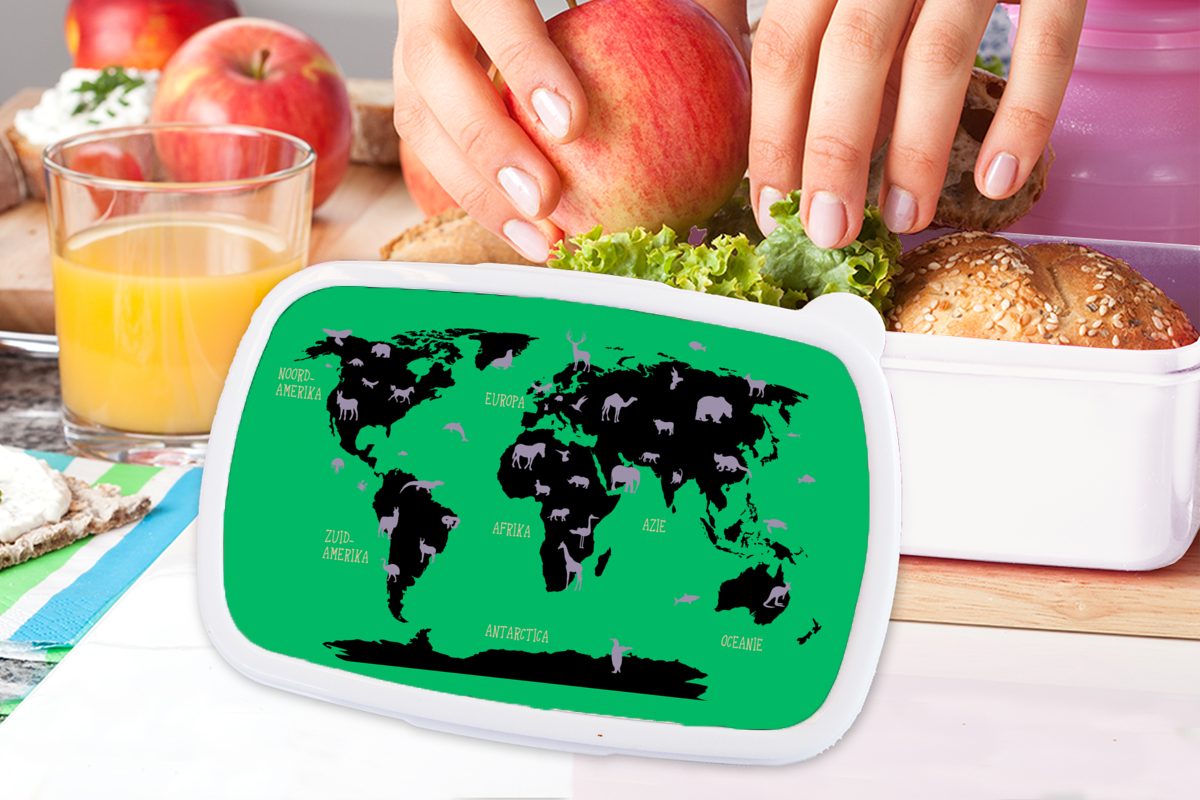 und für weiß Lunchbox Weltkarte Tiere und Rosa, Kinder (2-tlg), für Erwachsene, Brotbox Kunststoff, MuchoWow Jungs - Brotdose, Mädchen Kinder -