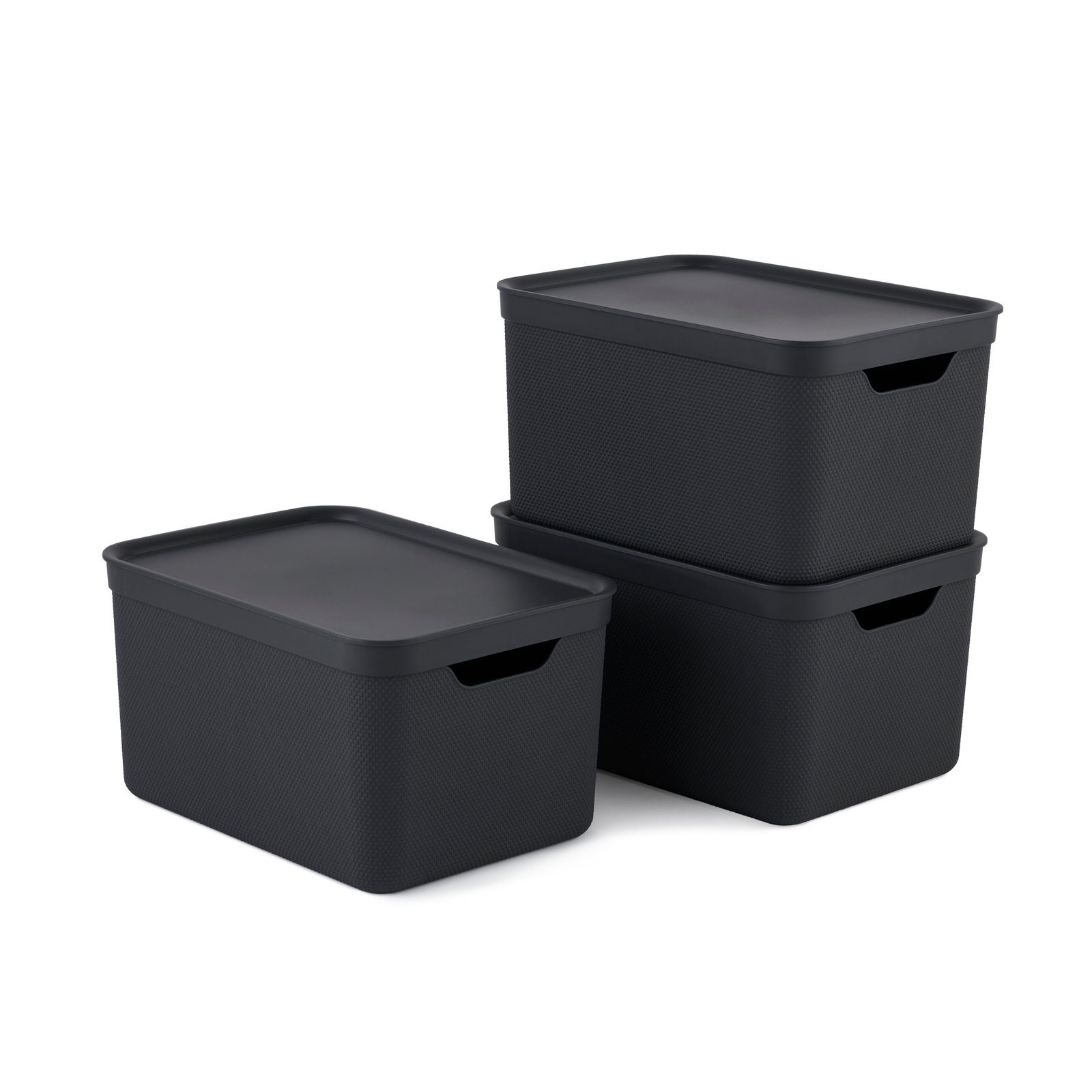 ROTHO Aufbewahrungsbox Jive Dekobox 3er- Set Aufbewahrungskorb 16l mit Deckel (Aufbewahrungsboxen, 3er-Set) Holzkohle schwarz gedeckt