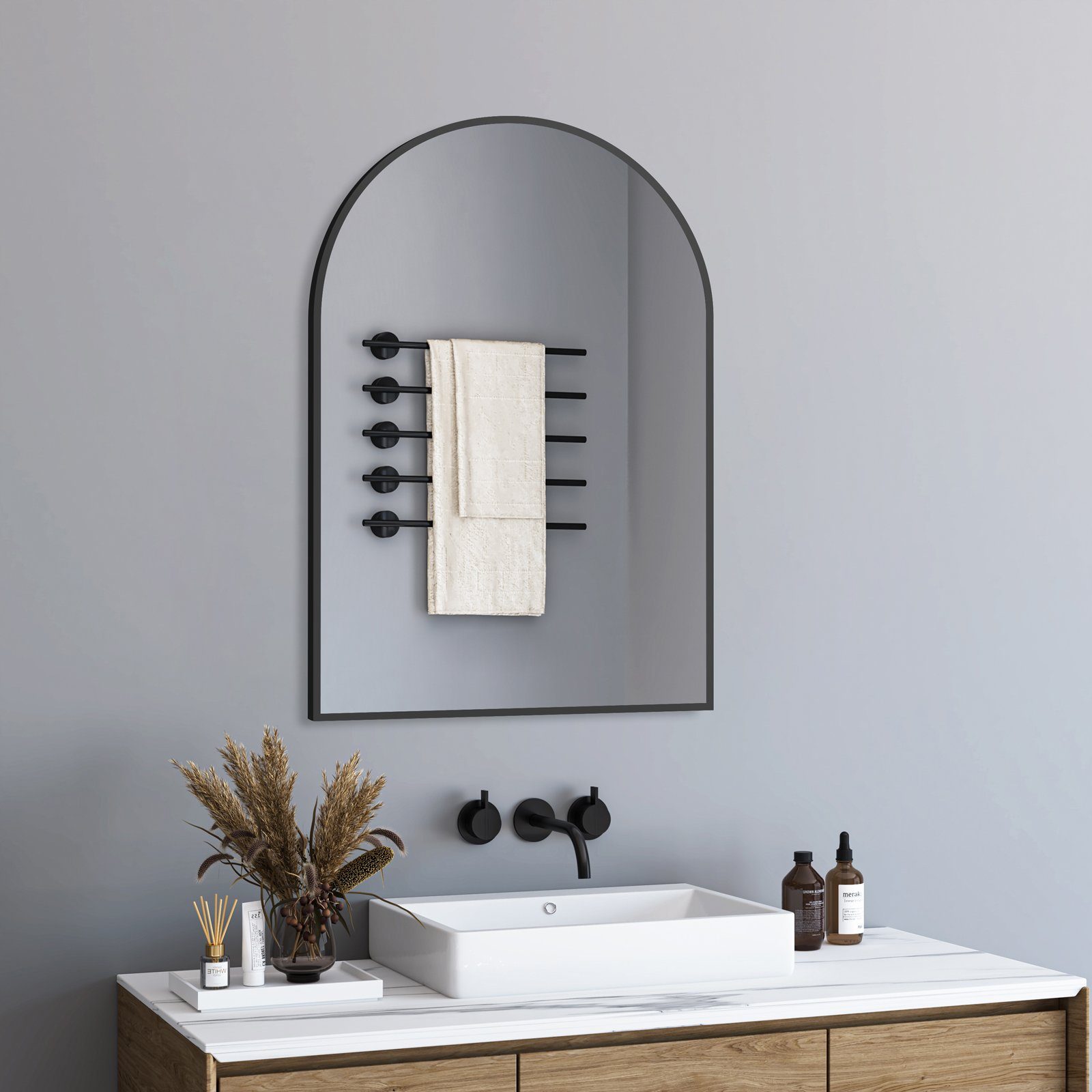 GOEZES Wandspiegel 50x70 60x80 Schwarz Metall Rahmen Badspiegel Flurspiegel Rundbogen (Spiegel Flur Bad badezimmer, Halbrund), mit explosionsgeschützte membran, Freistehend,Wand-montierbar