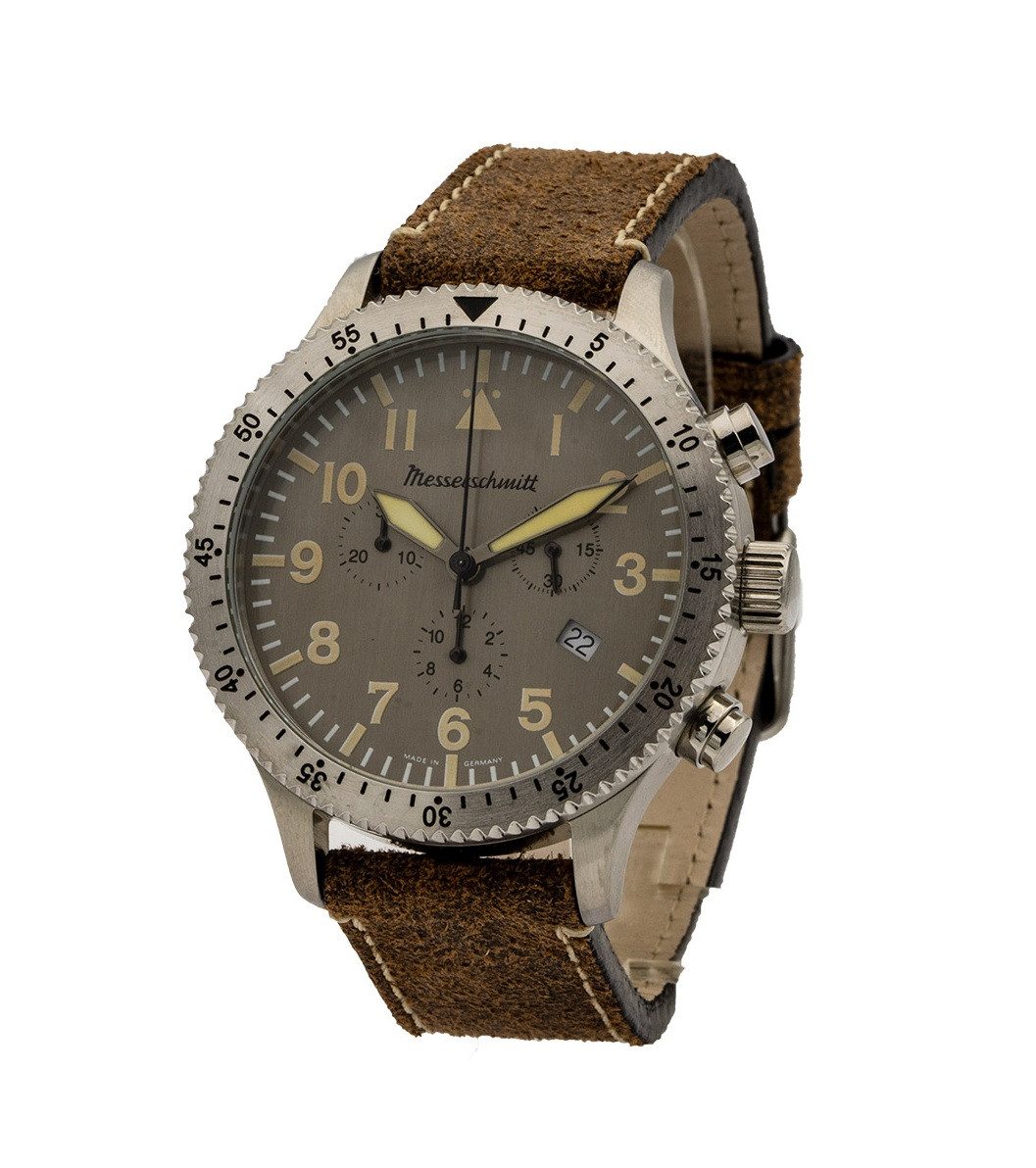 Messerschmitt Quarzuhr ME-5030ALU, Chronograph - Herren Fliegeruhr im Vintage-Stil, Lederband - Eleganz mit alu-farbenem Ziffernblatt - Made in Germany