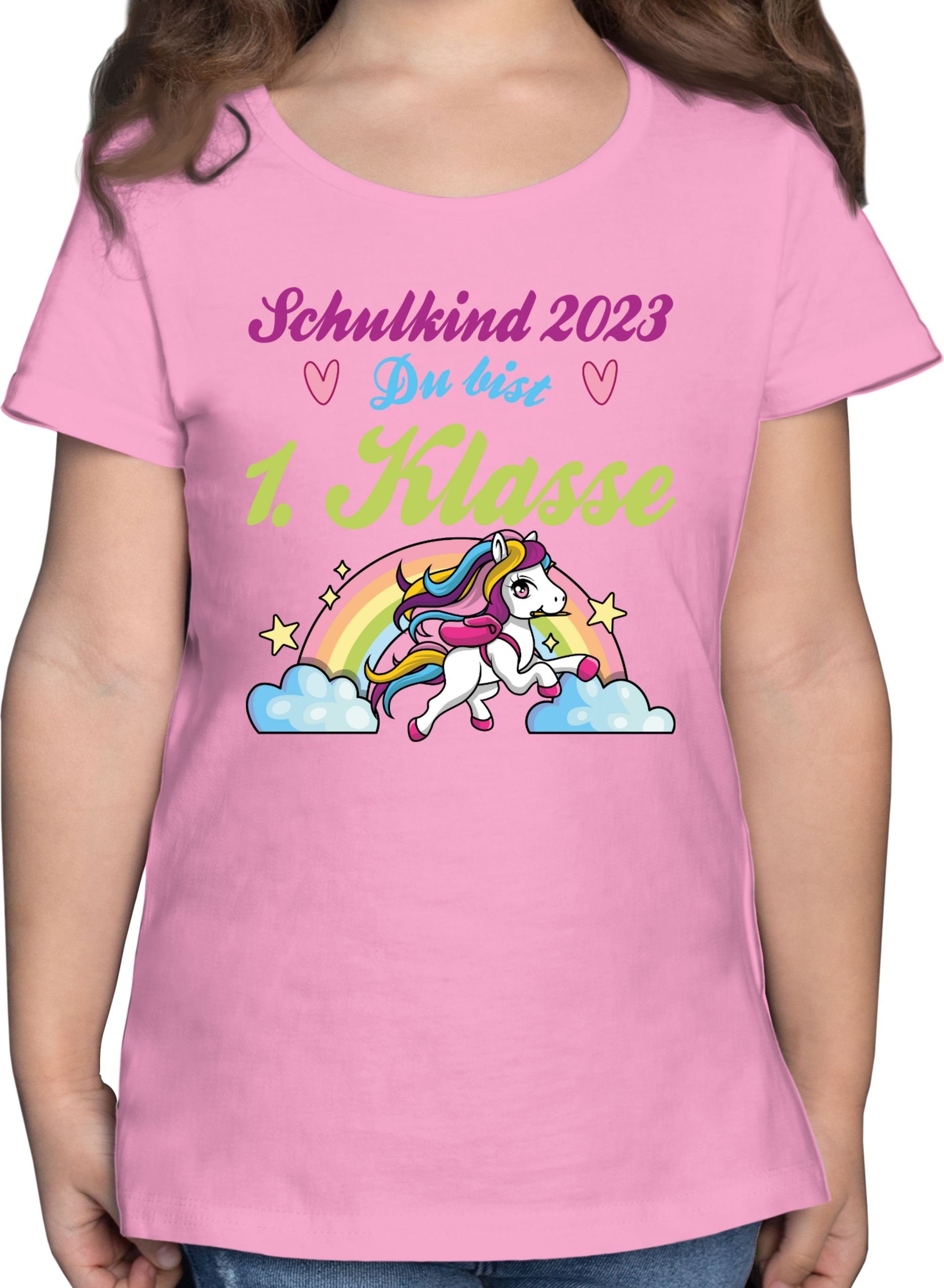 Shirtracer T-Shirt Schulkind 2023 - du bist 1. Klasse Pferd und Regenbogen Einschulung Mädchen 2 Rosa