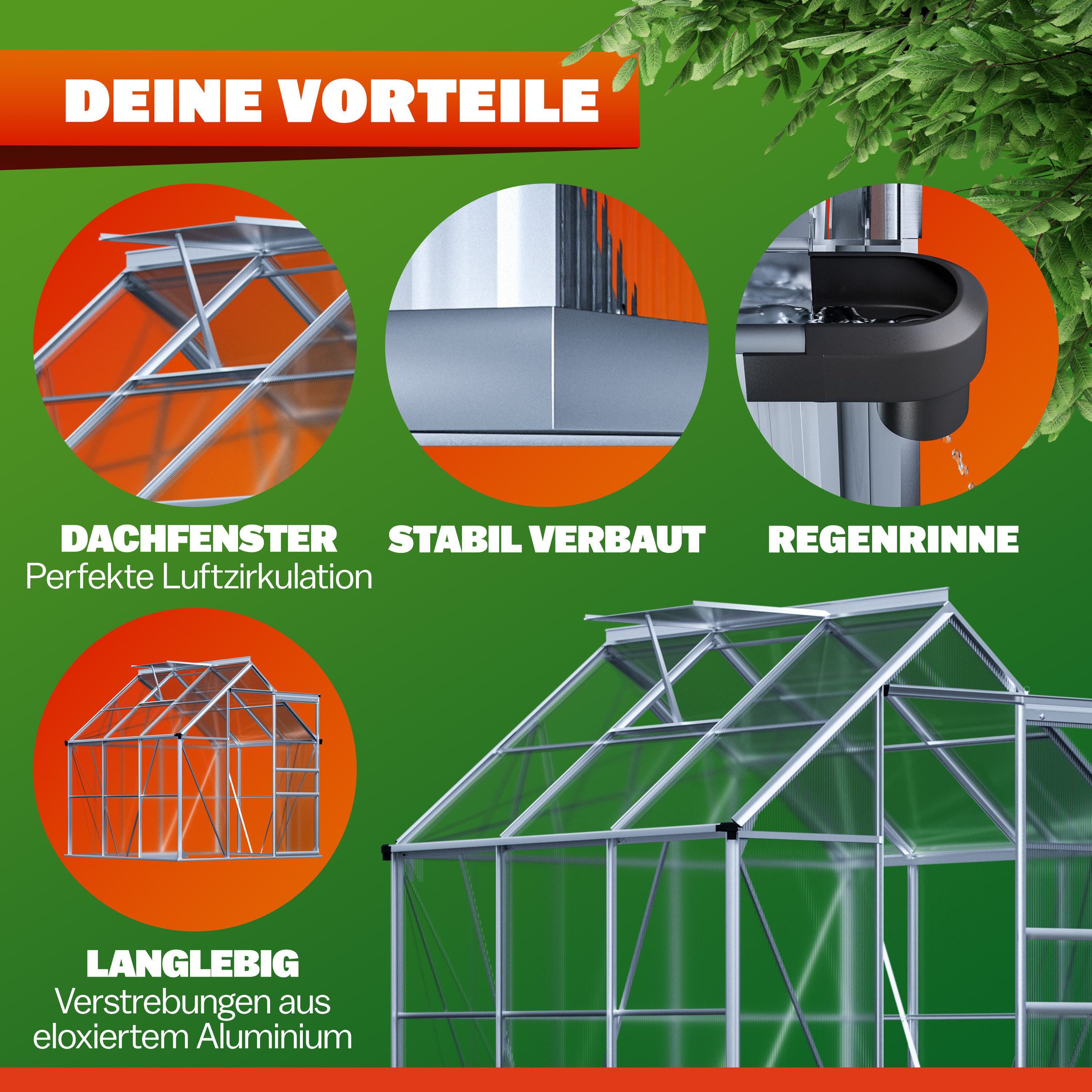 Gardebruk Gewächshaus, Aluminium 3,6m² 190x190cm inkl. Dachfenster Treibhaus Gartenhaus