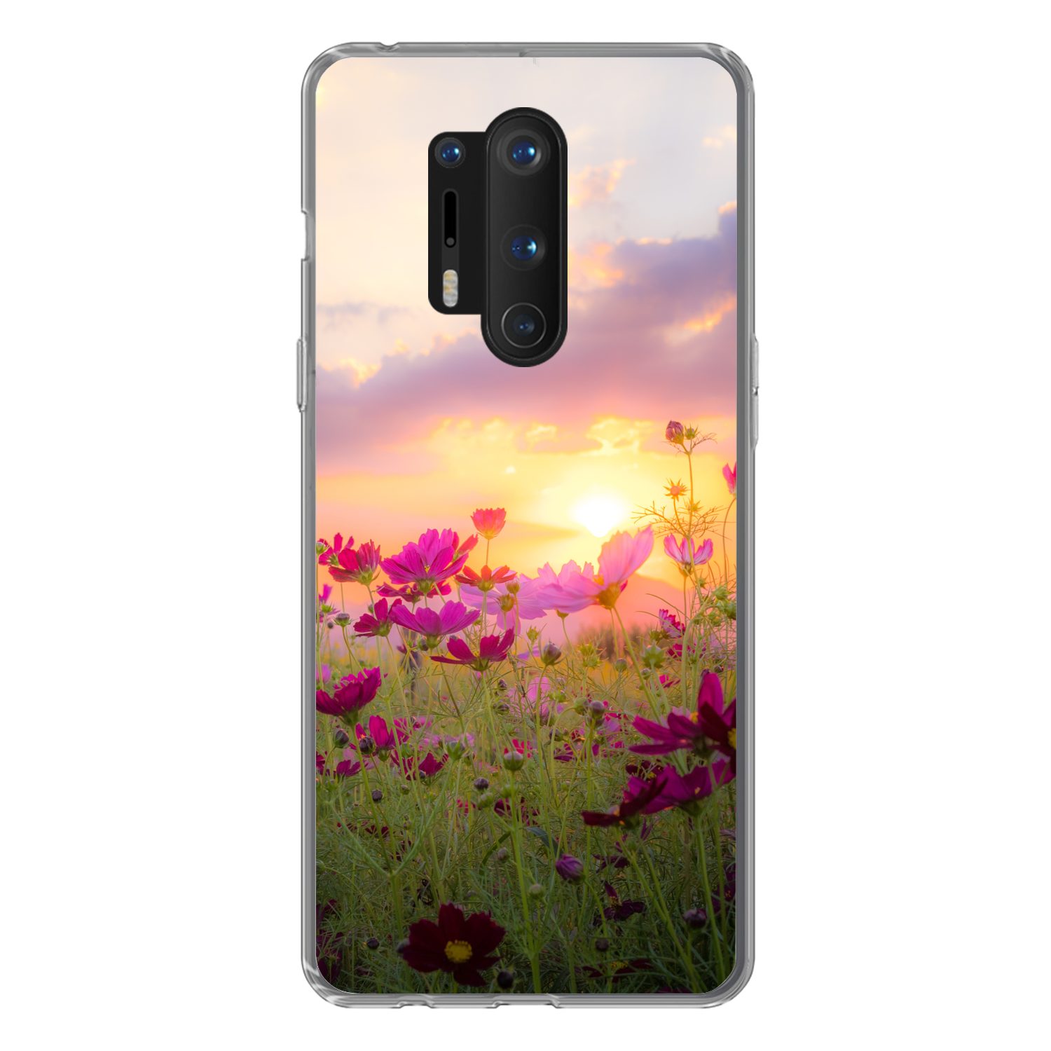 MuchoWow Handyhülle für OnePlus 8 Pro Blumen - Rosa - Sonnenuntergang - Natur - Wiese - Ho, Phone Case, Silikon, Schutzhülle Dünn