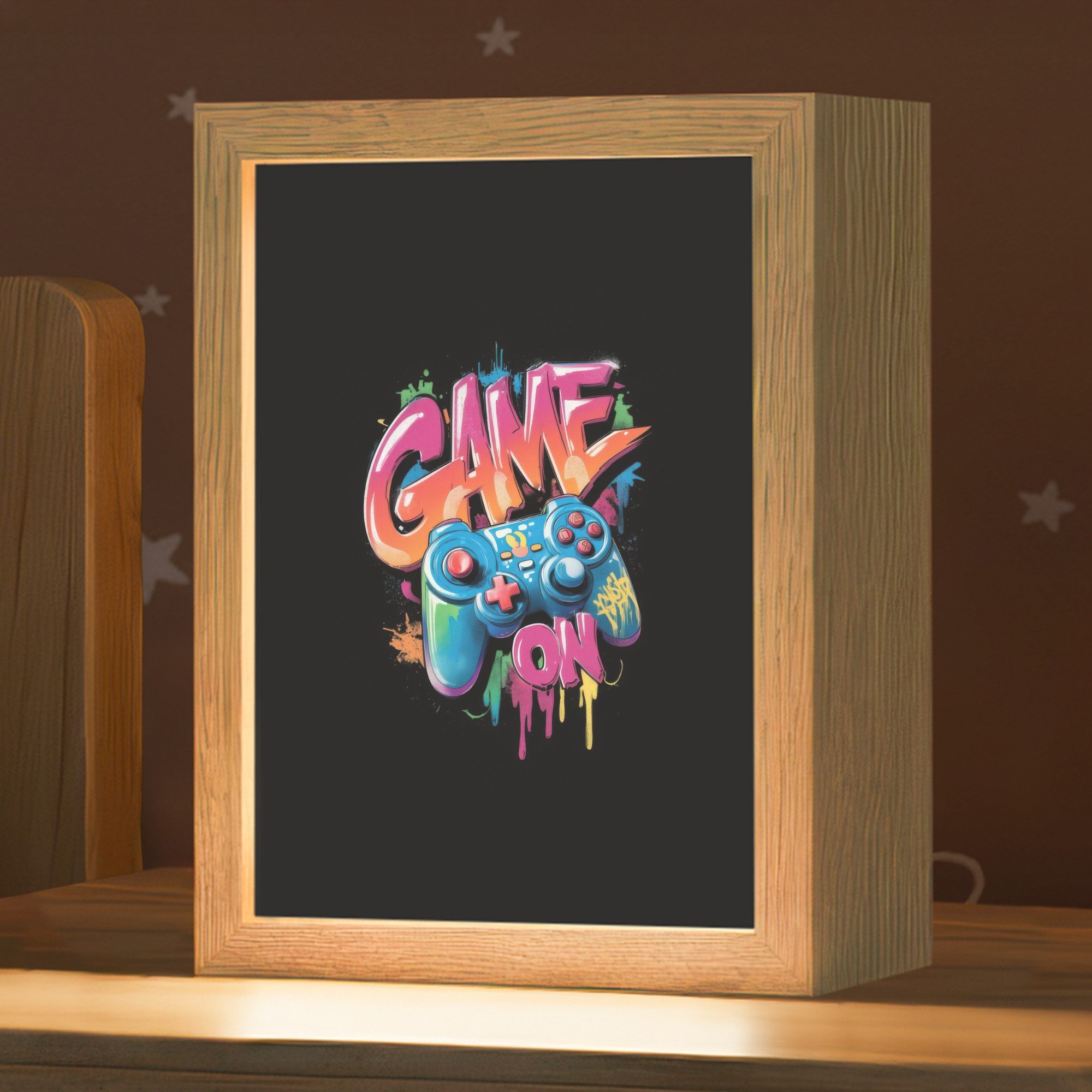 OnlyWow Nachttischlampe Lightbox Illustration - Graffiti - Farbenfroh - Controller - Jungen, Dimmbar, Farbwechsel, LED, Warmweiß, Kaltweiß, Neutralweiß Einstellbar, Kinderzimmer, Babyzimmer, Dimmbar, mit Kabel, Nachtlampe, LED