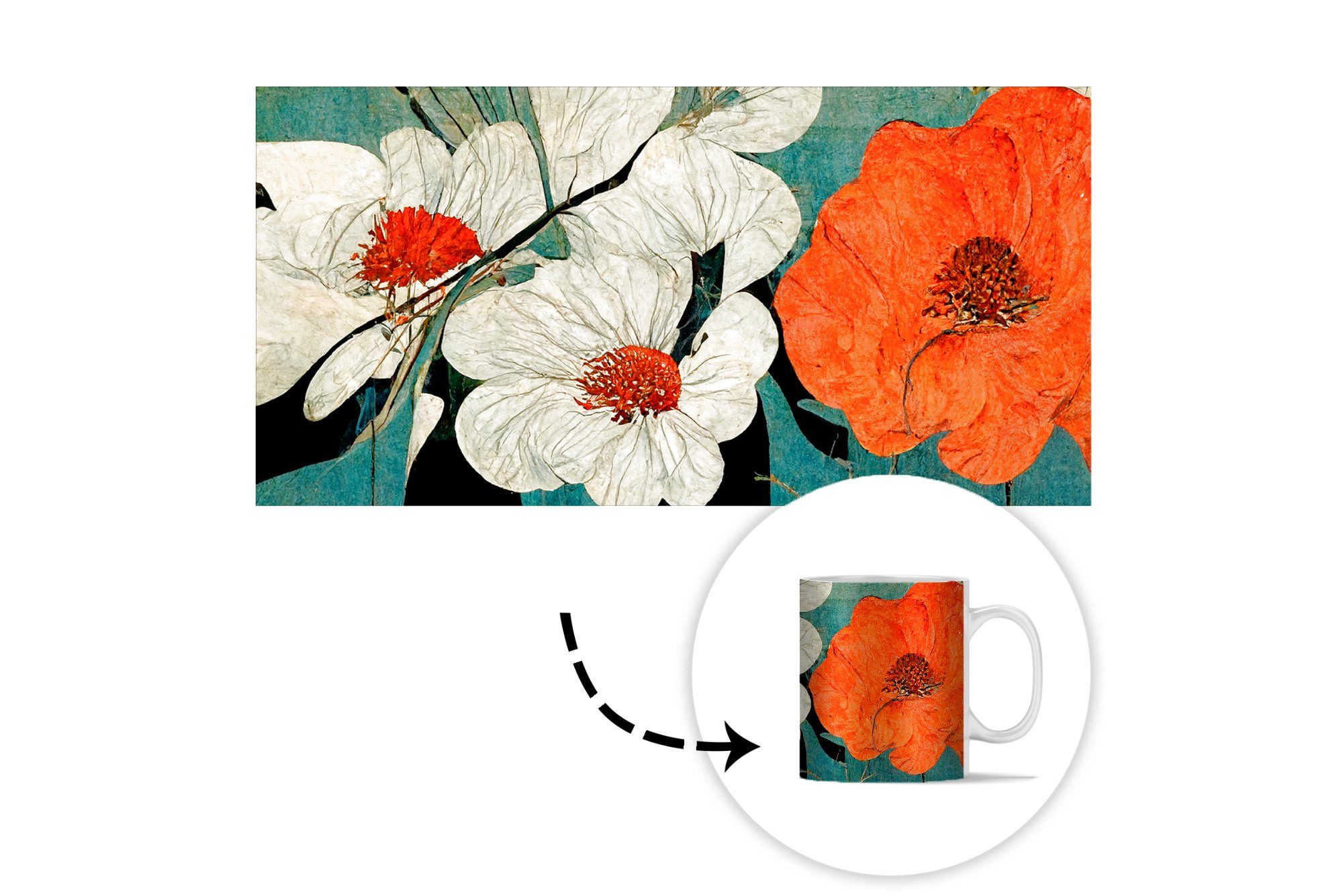 MuchoWow Tasse Orange, Teetasse, Becher, Teetasse, Asien Vintage Pflanzen - Geschenk - Blumen Keramik, Kaffeetassen, - 