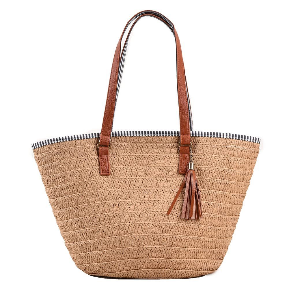 Zaewry Strandtasche Stroh Strand Schultertasche Tasche,Damen Sommer Böhmische Handtasche, für Reisen Strand Reise Schule Arbeit Einkaufen