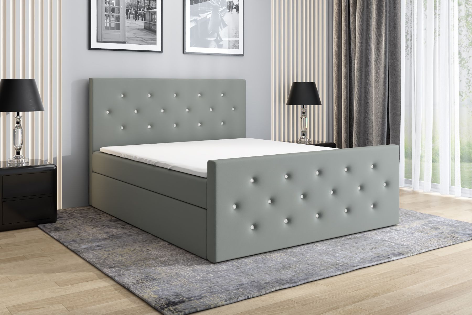 A&J MöbelLand GmbH Boxspringbett REINN mit Kristallknöpfen verziert. (Boxspringbett mit Bettkasten und gepolstertem Kopfteil.Inclusive Topper !, TOP ANGEBOT), Länge 216 cm Höhe 106 cm