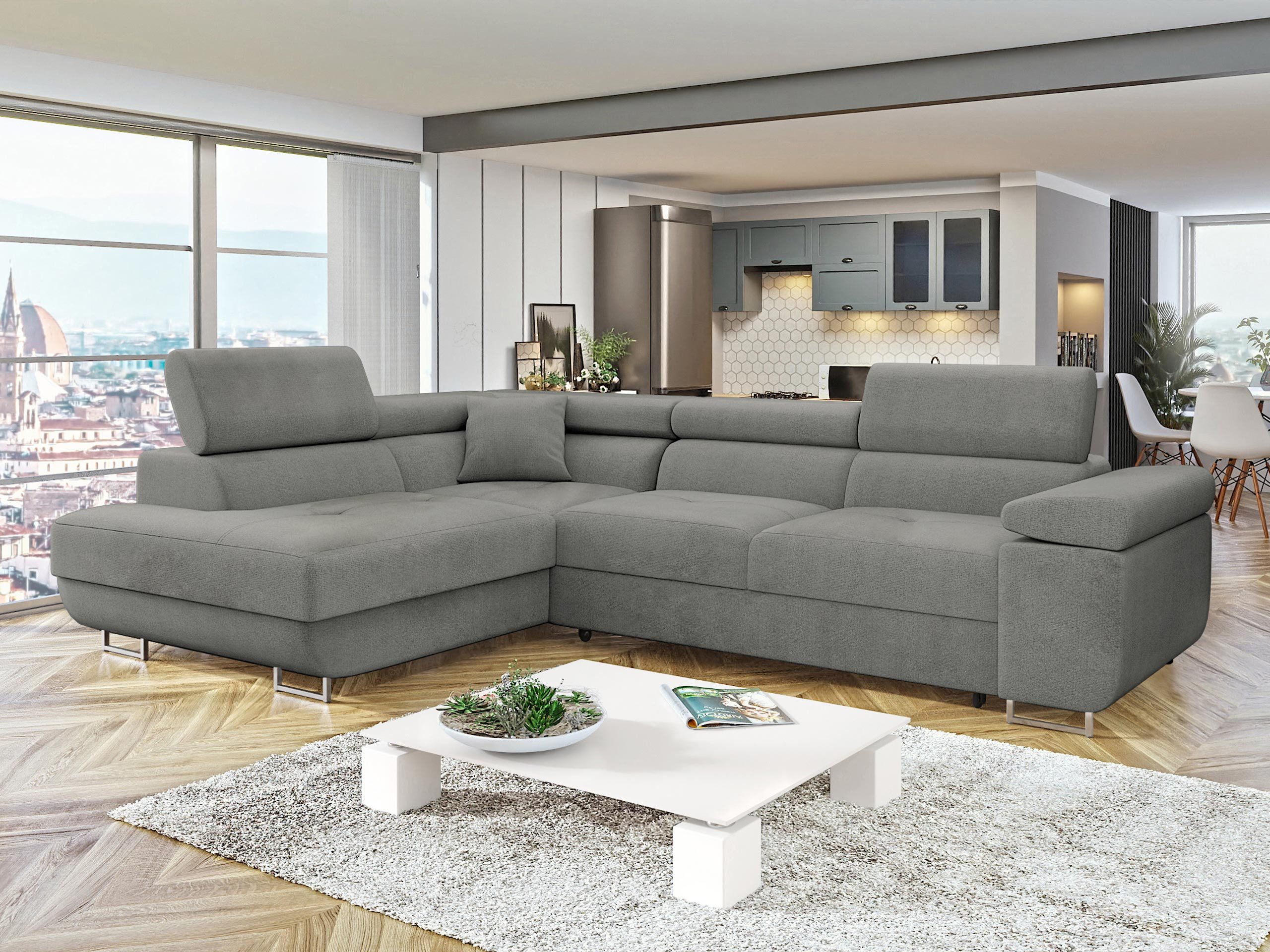 MIRJAN24 Ecksofa Torezio, mit Bettkasten und Schlaffunktion, Einstellbare Kopfstützen, 274x203x70-90 cm