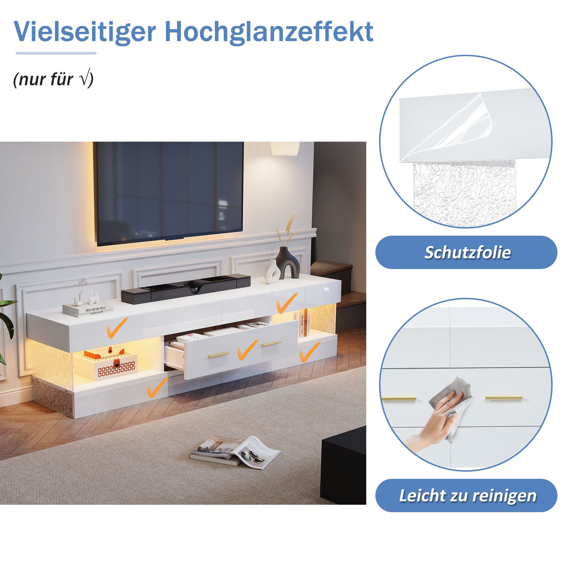 STILVORA Lowboard in Weiß TV Schrank Aufbewahrungsschrank Fernsehtisch mit LED (LED-TV-Lowboard, 2 Schubladen, offene Ablage, Acrylglas, 152×35×40cm, Hochglanz-Weiß, kratzfest, wasserabweisend), für Wohnzimmer, TV-Bereiche und moderne Entertainment-Zonen