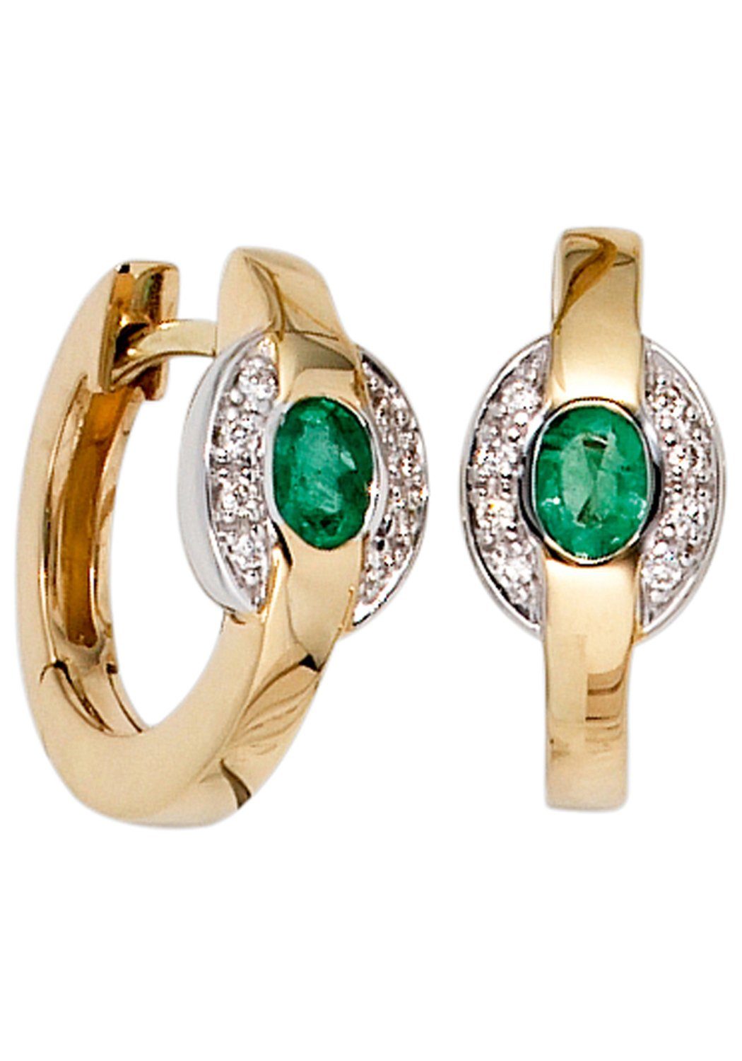 JOBO Paar Creolen, 585 Gold bicolor mit 16 Diamanten und Smaragd