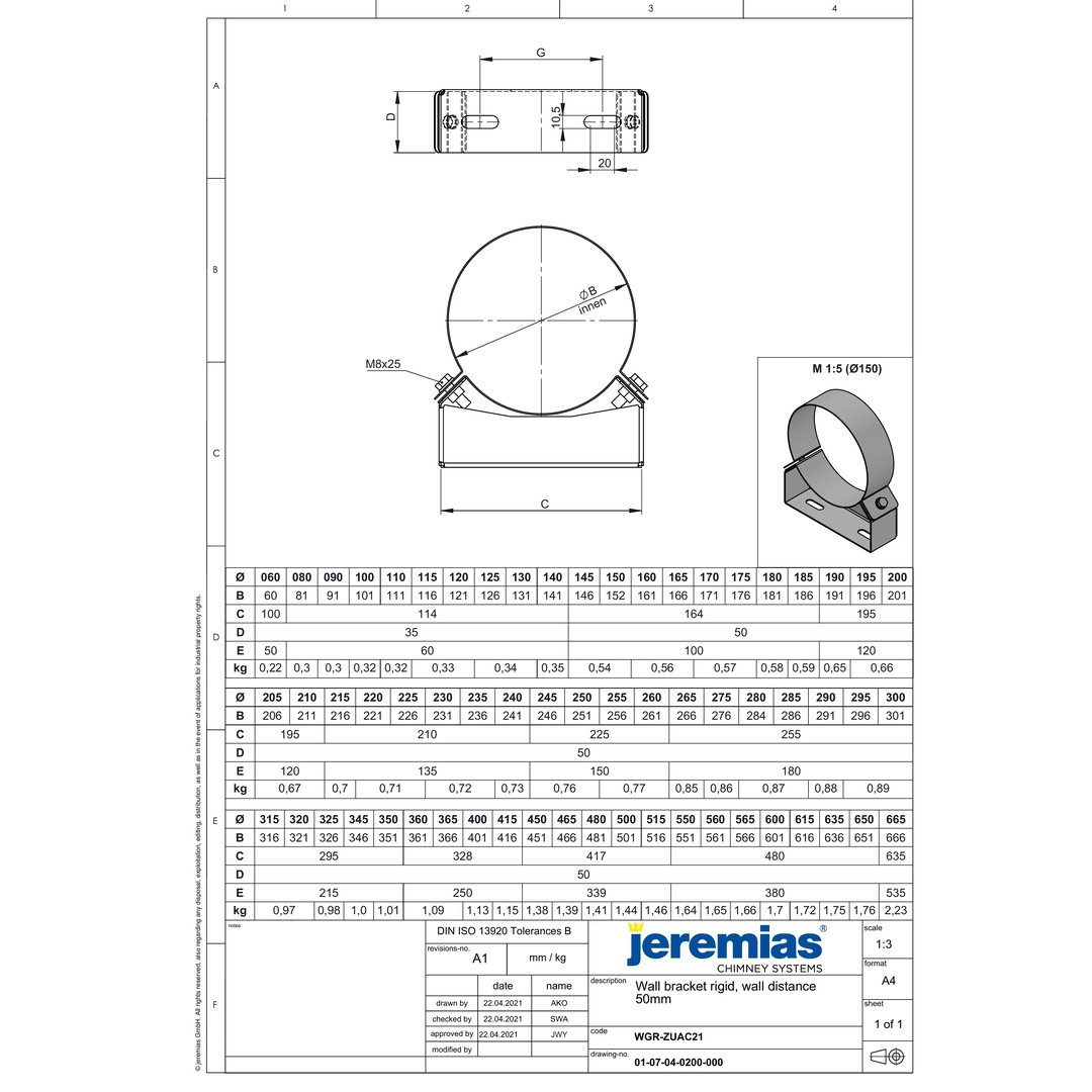 Jeremias Schornstein DW-ECO 2.0 Ø 180 mm - Wand- und Deckenabstandshalter starr 50 mm, Ø 180 mm