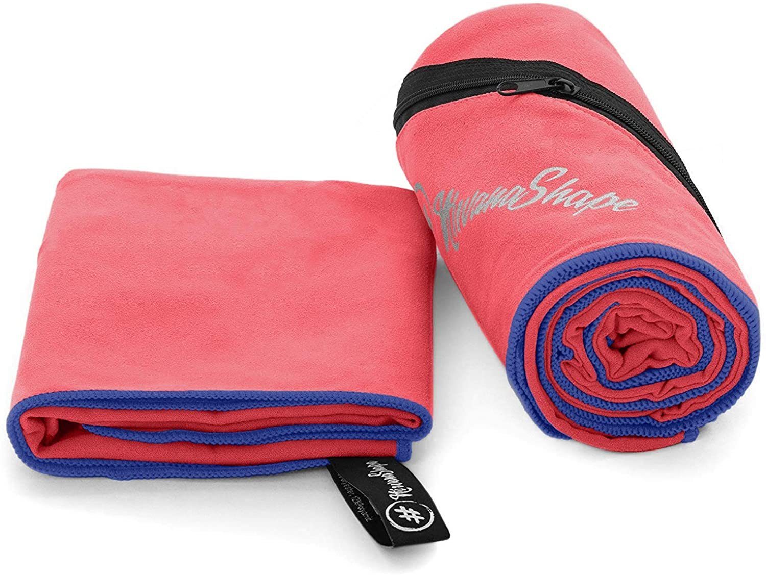 NirvanaShape Sporthandtuch Mikrofaser Handtuch, Badehandtuch, Reisehandtuch, Sporthandtuch, Ecktasche mit Reißverschluss, saugfähig, leicht, schnelltrocknend Rot / Blauer Rand