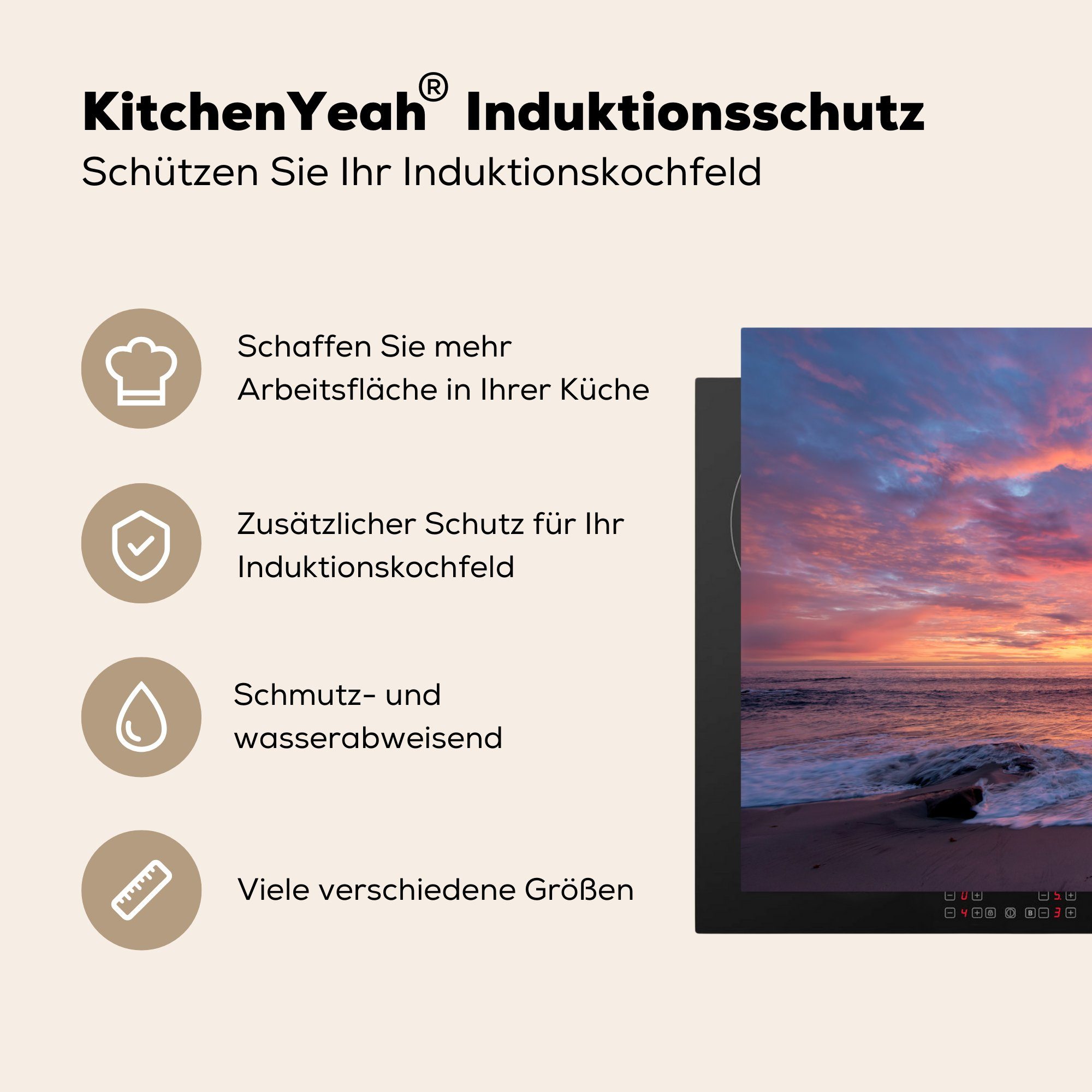 MuchoWow Herdblende-/Abdeckplatte Strand für Sonnenuntergang, 81x52 Vinyl, Ceranfeldabdeckung die (1 - Schutz Induktionskochfeld cm, Meer tlg), - küche