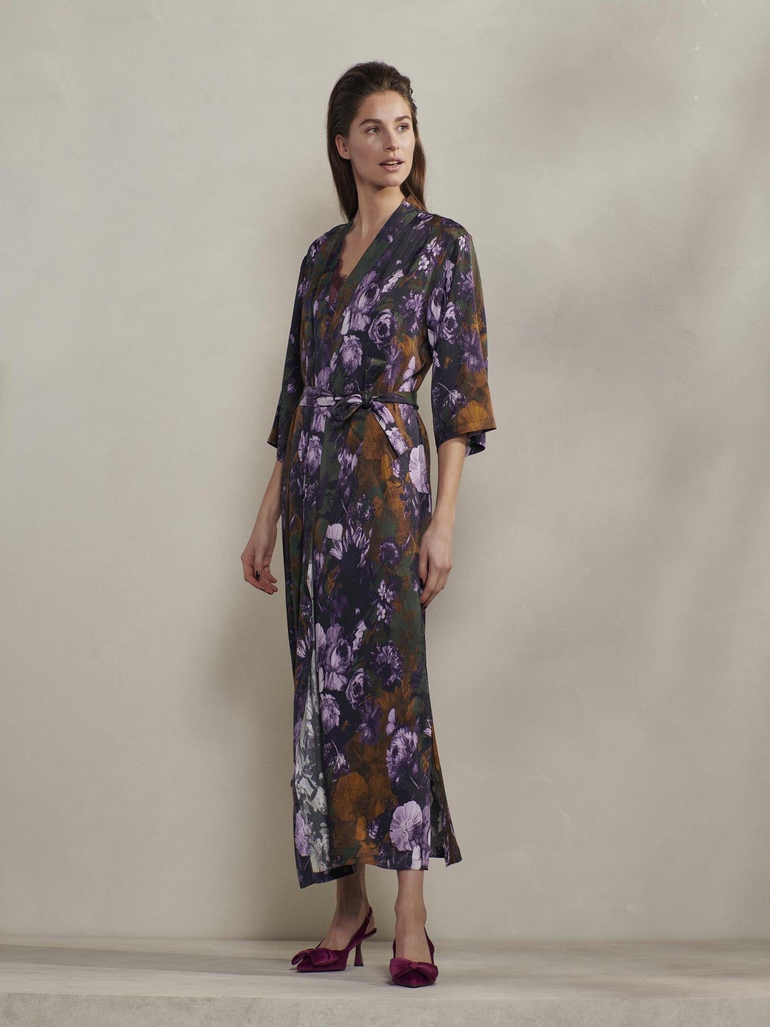Essenza Kimono Jula Leila, mit Langform, Gürtel, Viskose, Kimono-Kragen, Forest Green Blumenprint