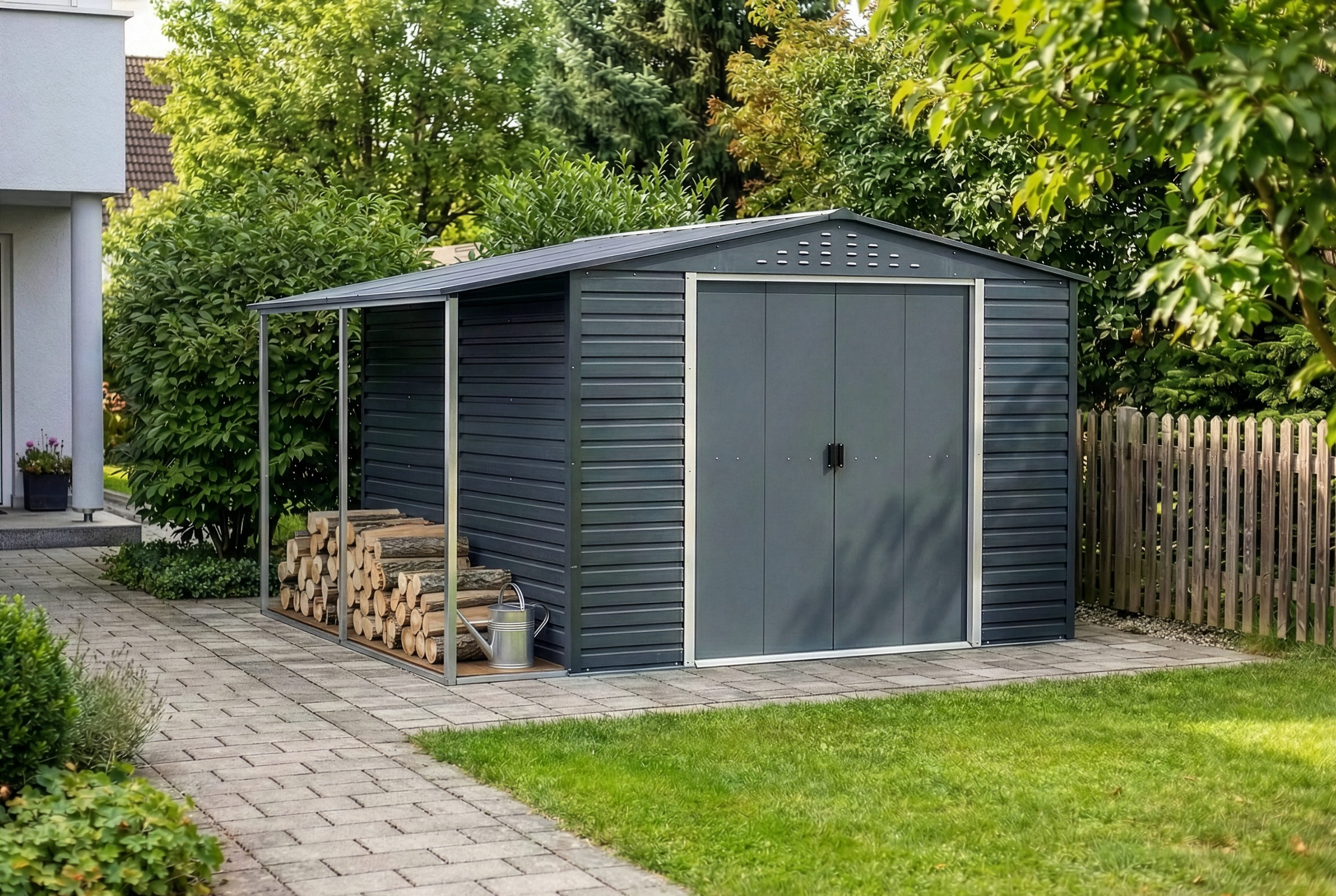 DURAMAX Gerätehaus DURAMAX Metall-Alpine 3x3m mit Anbau, BxT: 381,3x303,1 cm, in Anthrazit mit 0,31mm Wandstärke