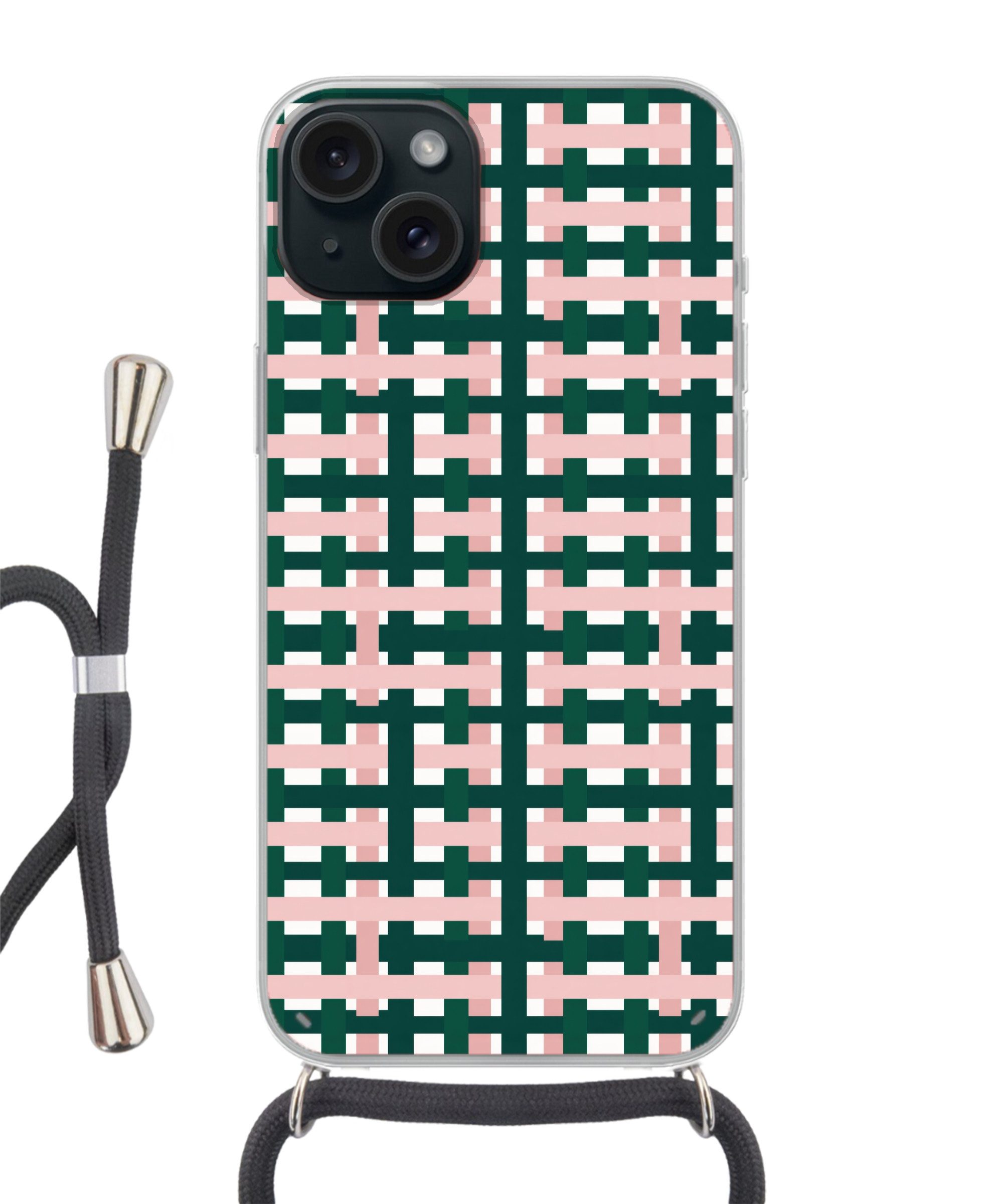 MuchoWow Handyhülle für Apple iPhone 15 Plus Zopfmuster - Grün - Rosa - Grafik, Tragbare Handyhüllen mit Kette zum umhängen, Handykette Handyband