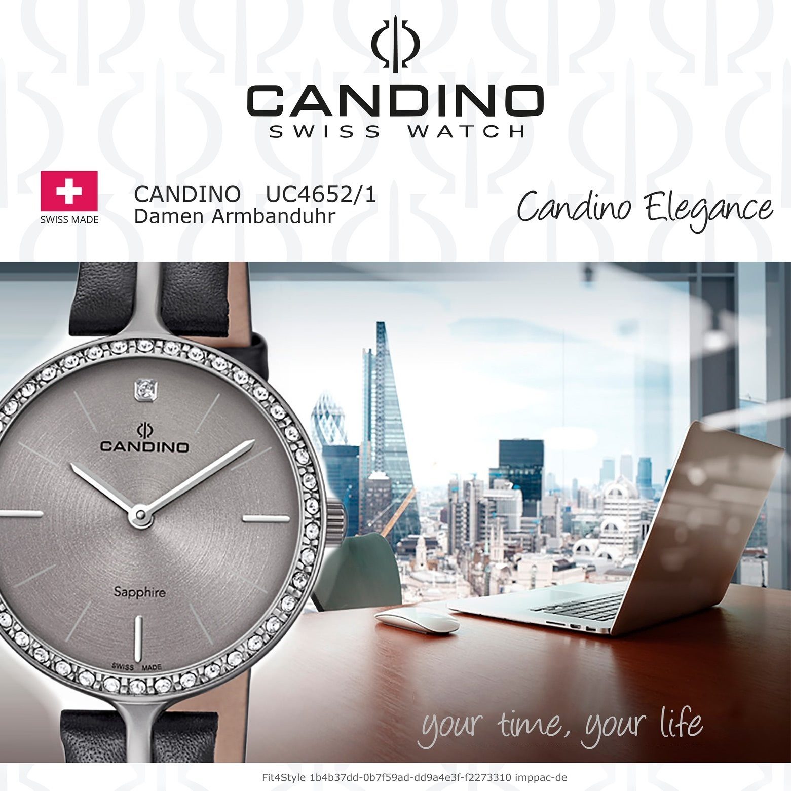 Damen Uhren Candino Quarzuhr UC4652/1 Candino Damen Quarzuhr Analog C4652/1, Damen Armbanduhr rund, Lederarmband grau, Fashion