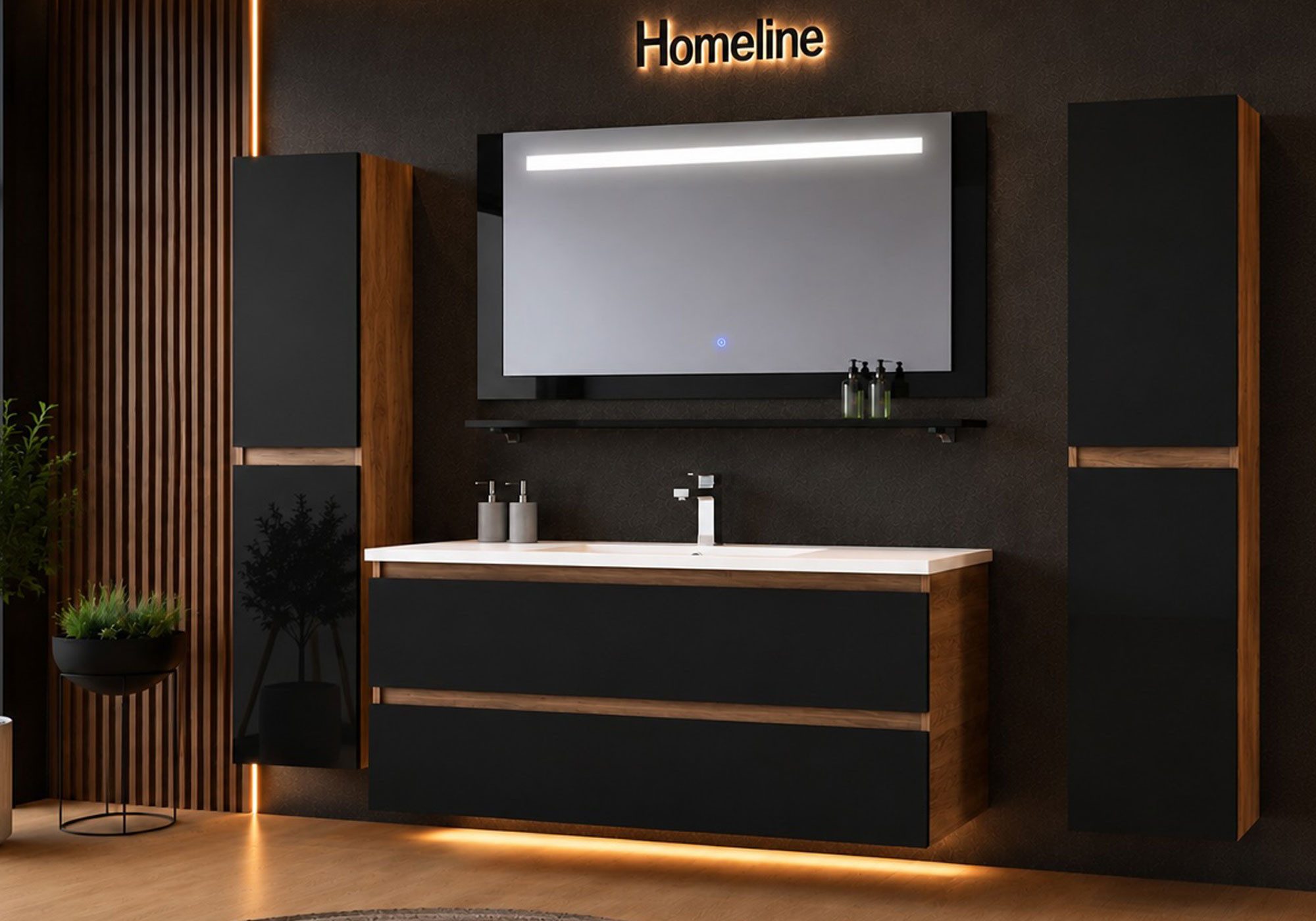 Homeline Badmöbel-Set Kaiser badmöbel, Set Eiche/Schwarz mit LED Spiegel Bad, (4-St., Bis 6 teilig), Hochglanz