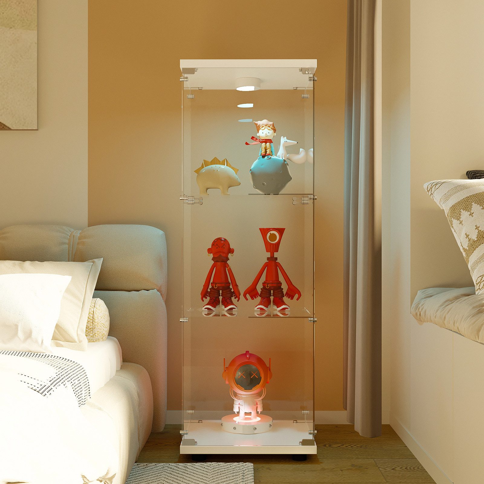 FUROKOY Glasvitrine Standvitrine, Modern Glas Vitrinenschrank mit Beleuchtung (3 Lagen Glasvitrine mit 1 Glastür, Sammlervitrine, 1-St., für Sammlerstücke Bücher Wein)