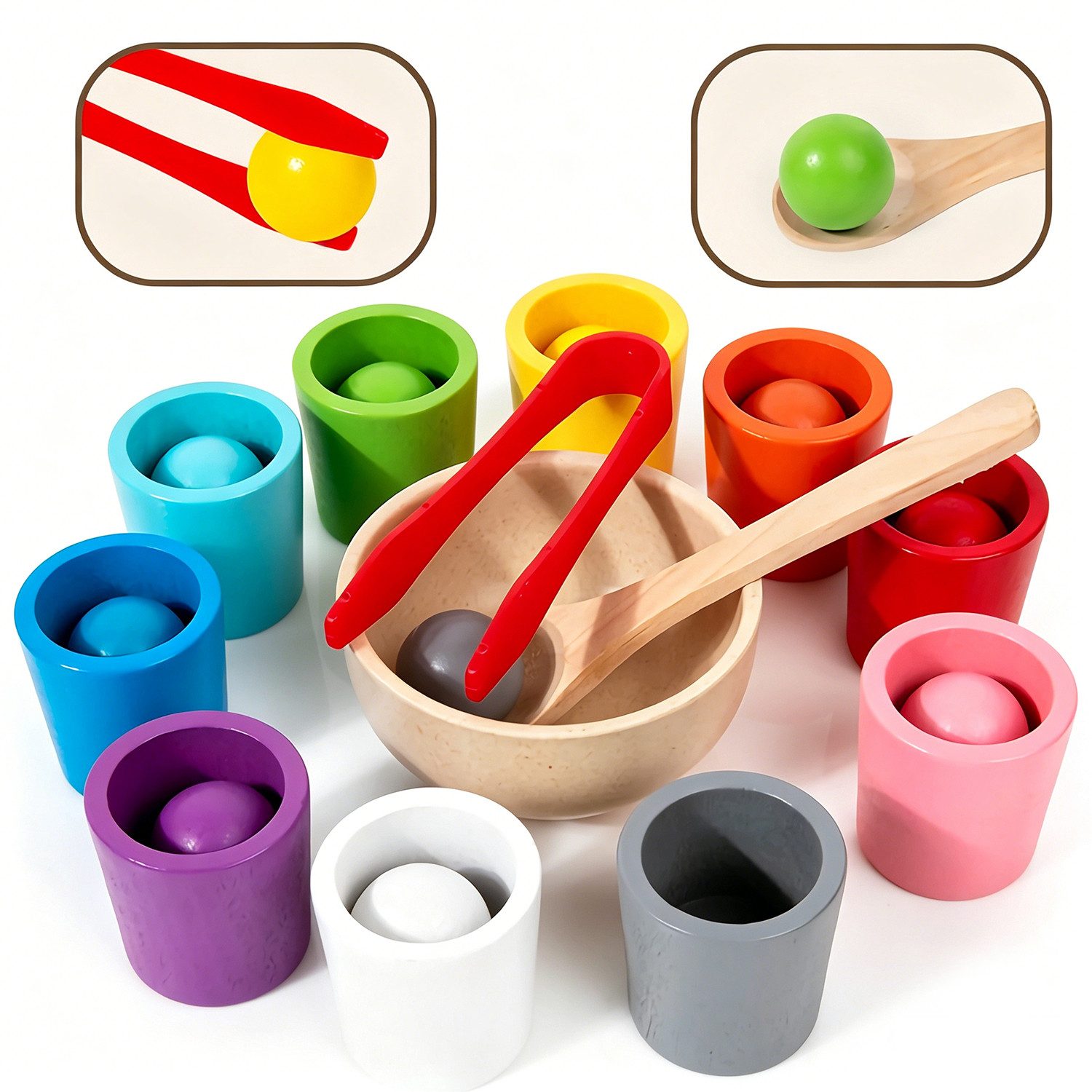 AIMAX Lernspielzeug Montessori Spielzeug Holz Sortier Set 10 Regenbogen Kugeln & Tassen (mit Holzlöffel, Zange, Schale, Montessori Holzspielzeug ab 3 4 5 Jahr, Montessori Ball Sortierspiel, Tassen aufstapeln, Baby Sensorik Bälle), Kinder Geschenk Motorik Lernspielzeug, Farbsortierung, Zählen, Stapeln
