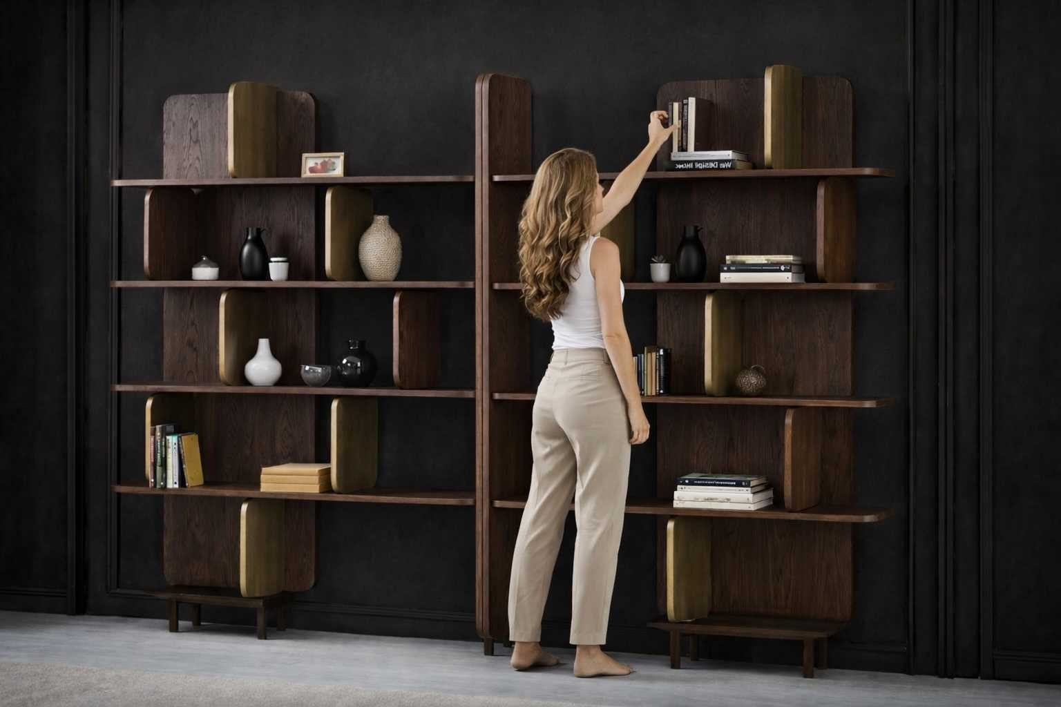 Xlmoebel Bücherwand Elegantes Bücherregal aus Holz in Braun mit goldenen Akzenten, freistehend 1-tlg., Made in Europa