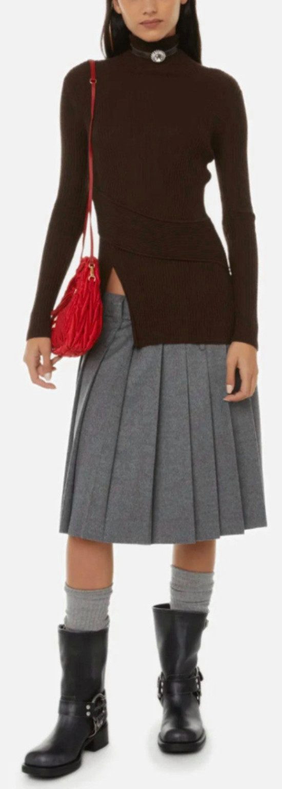 Miu Miu Midirock Faltenrock Rock Plissee Wool Cashmere Pleated Midi Knee Skirt Gürtelschlaufen-Feine Logostickerei auf der Rückseite