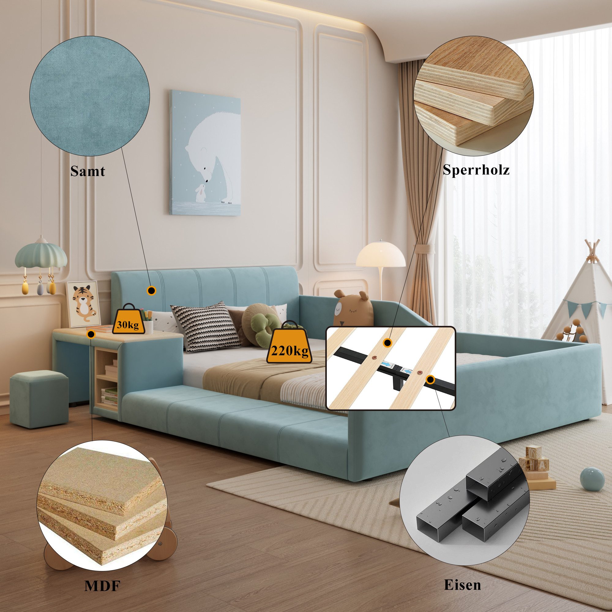 REDOM Polsterbett Kinderbett mit Schreibtisch und Hocker (140x200 cm Samt, Weiches Kopfteil, Robuste Holzlatten, Inklusive Ablageboden, Ideal für Schlafzimmer & Jugendzimmer), ohne Matratze