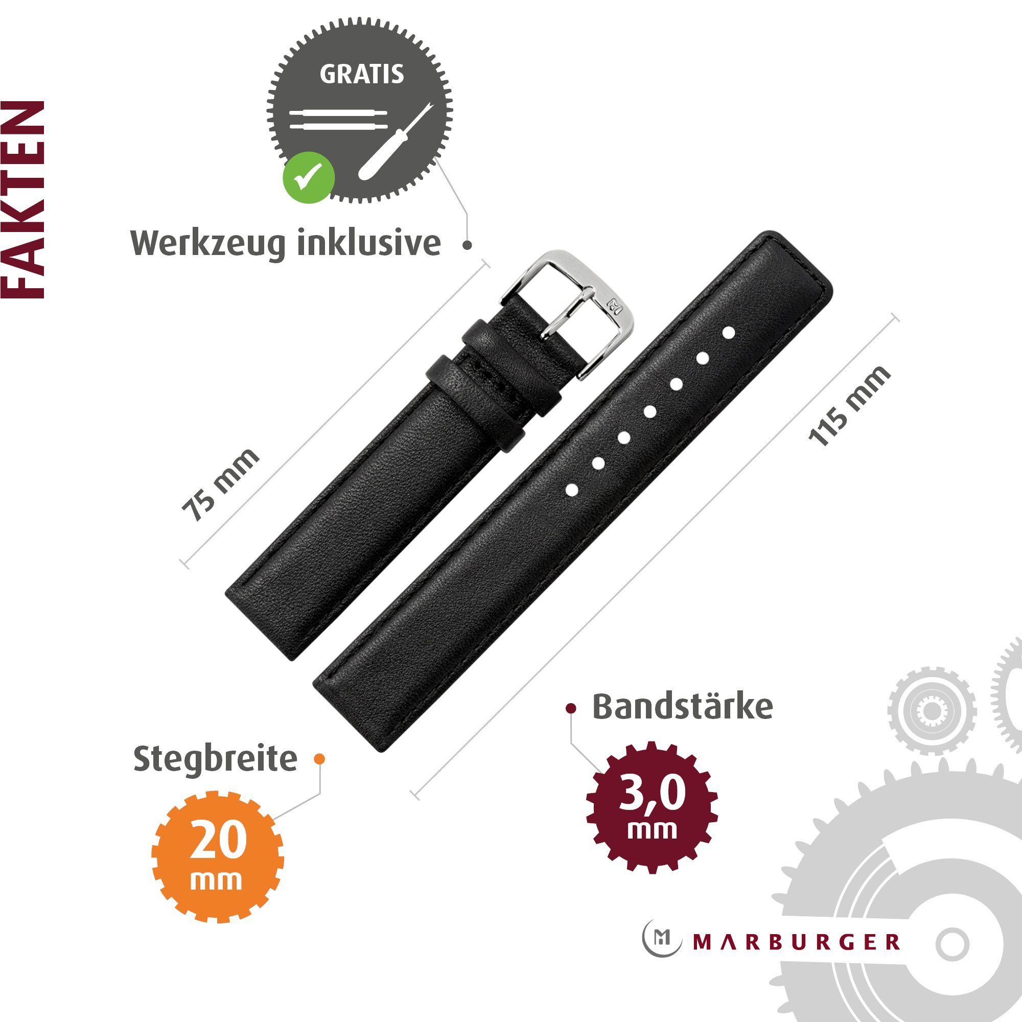 MARBURGER Uhrenarmband 20mm Leder Schwein Schweinsleder