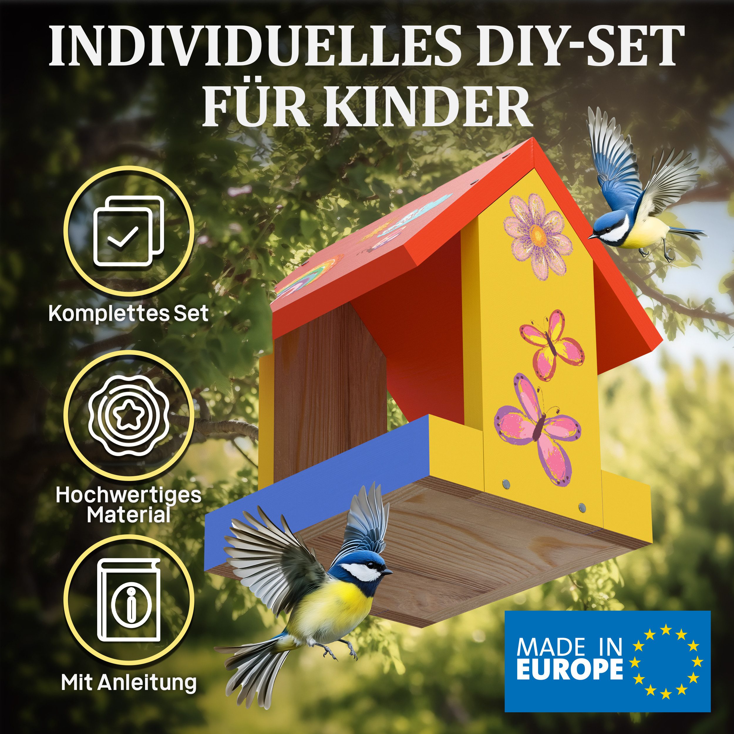 Eli Futterhaus Bausatz für Kinder zum bemalen inkl. Vorlagen - 6 Farben - Pinsel, Holzhammer - Nägel - kreative Schablone - Vogelhaus