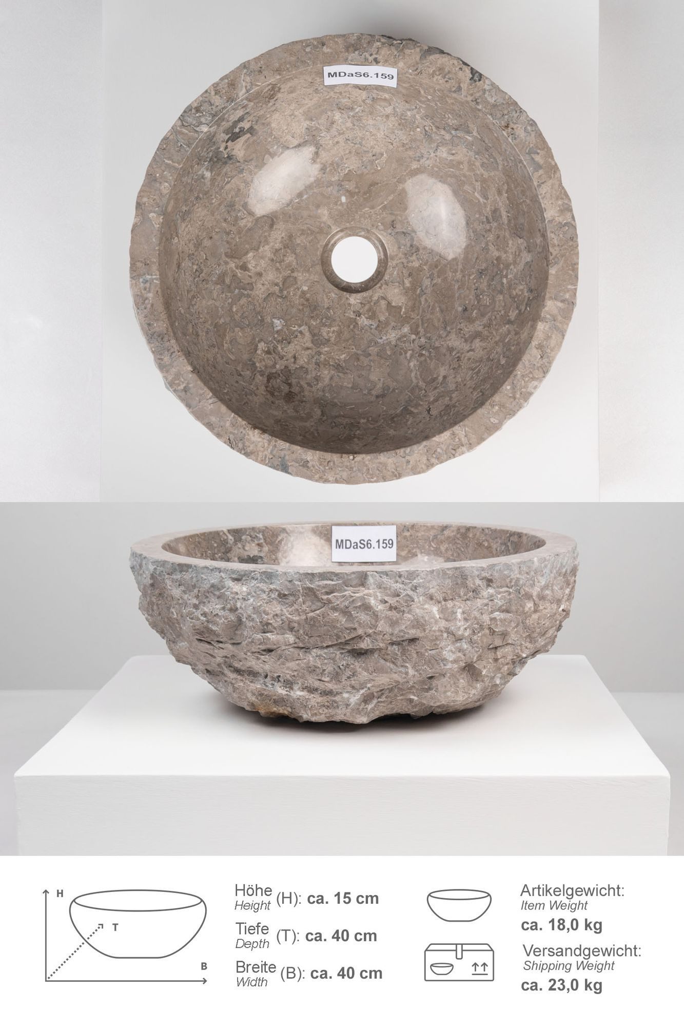 wohnfreuden Aufsatzwaschbecken Erosi Marmor Waschbecken 40 cm grau (Kein Set), 125883_MDaS6.159