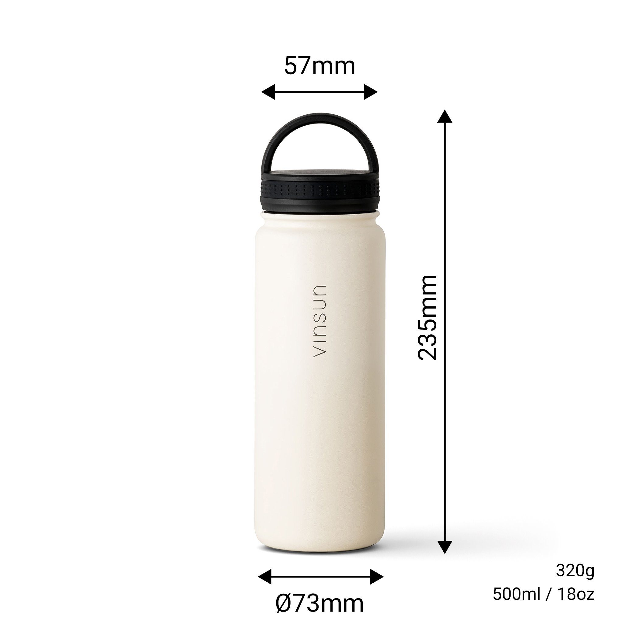 Vinsun Isolierflasche Edelstahl Trinkflasche 500ml, 3 Deckel, auslaufsicher, doppelwandig, 3 Deckel - Strohhalm, Trinköffnung, Schraubverschluss