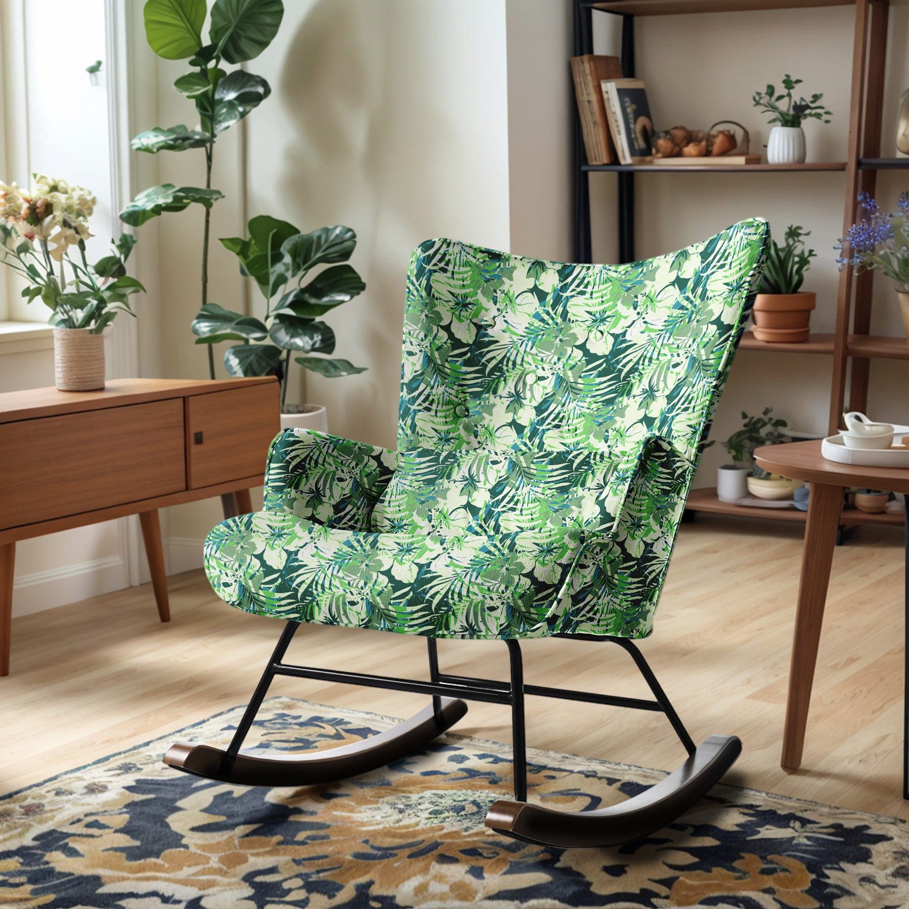 HomeMiYN Schaukelstuhl HOMEMiYN Schaukelstuhl Wohnzimmer mit Metallgestell und Holzsockel, Aus holz