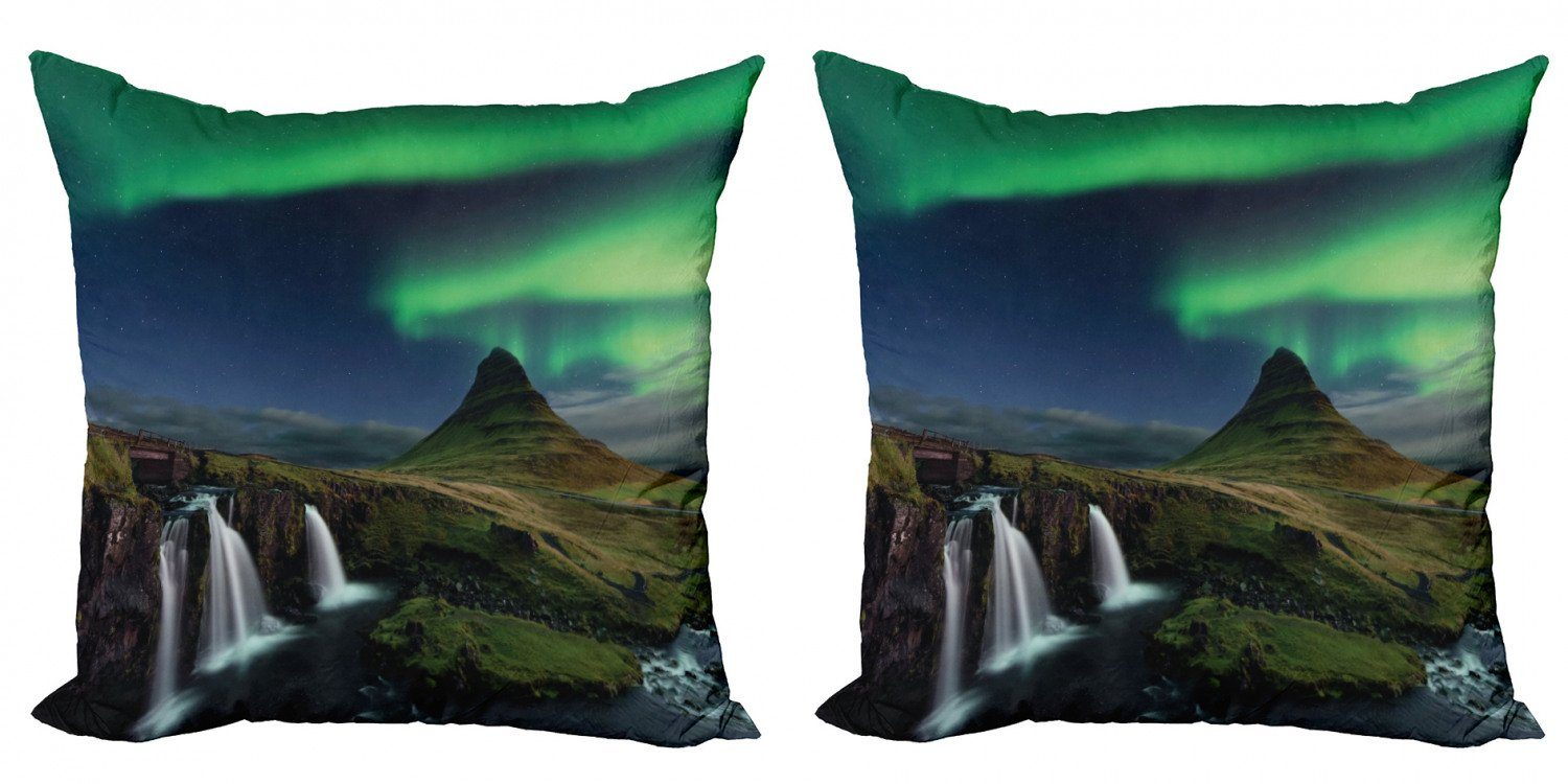 Kissenbezüge Modern Accent Doppelseitiger Digitaldruck, Abakuhaus (2 Stück), Nordlicht Wasserfall Nacht