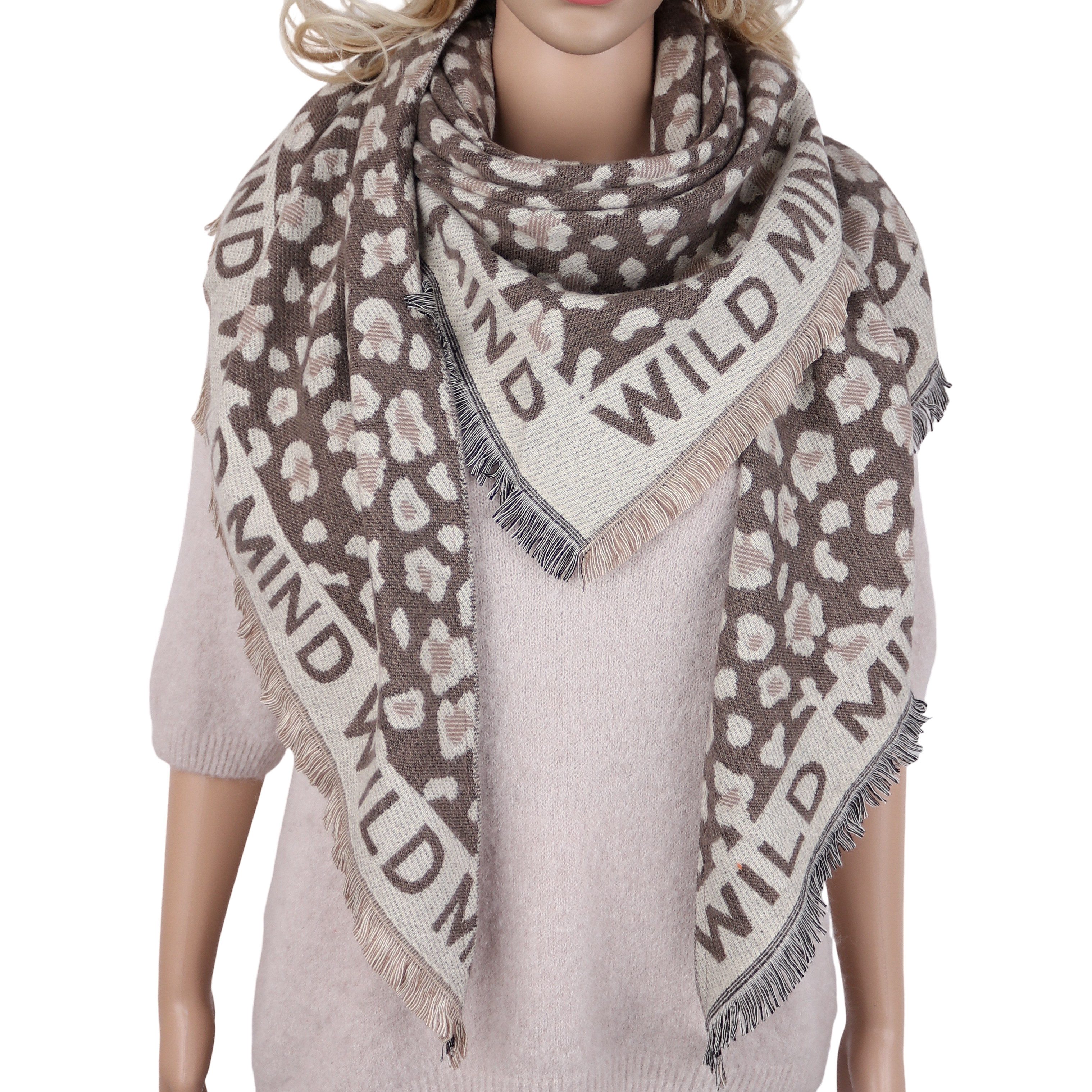 MIRROSI Dreieckstuch Damen XXL Dreieckschal 100x200 cm – weicher Winterschal Animal-Print, (Neue Kollektion Herbst/Winter 2026), Fransen & WILD MIND Schriftzug