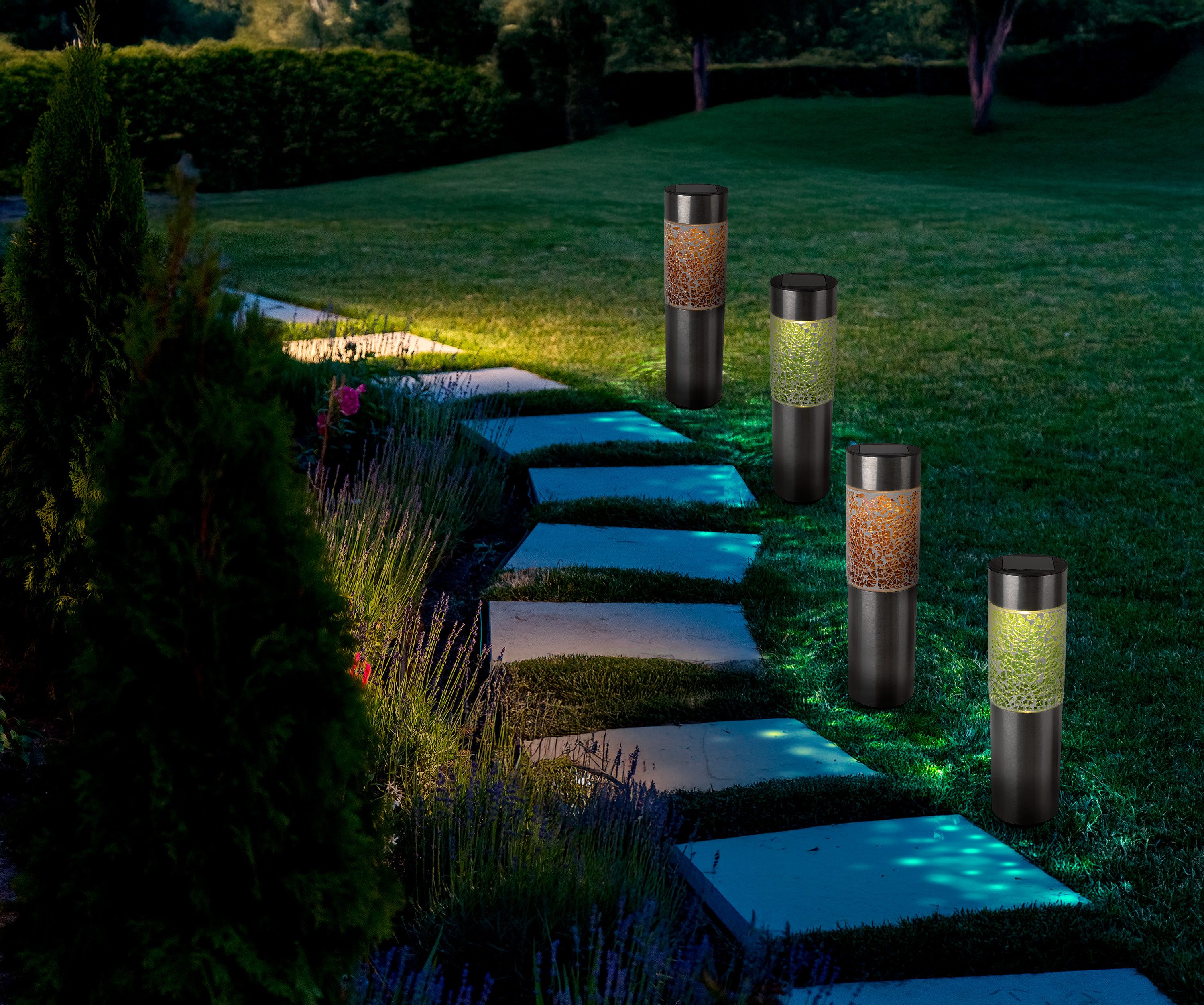 näve LED Solarleuchte Havanna, LED fest integriert, Warmweiß, 4er-Set Dekoerdspieß grau, Glaseinsatz 2x grün, 2x orange, H: 33,5 cm