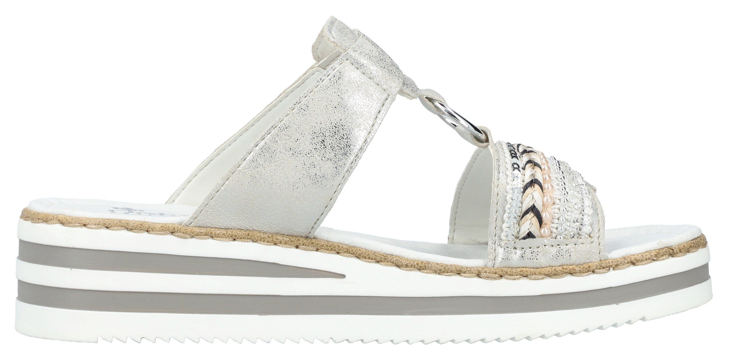 Rieker Pantolette, Plateau, Sommerschuh, Schlappen mit Zierperlen und Pailetten