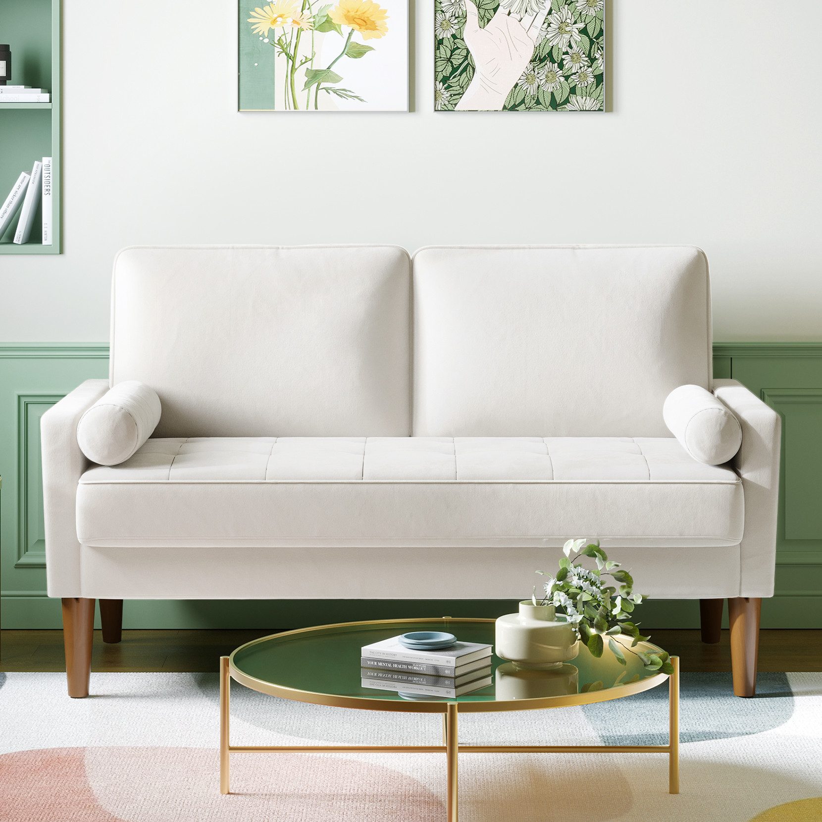 OUNUO Sofa 121cm Kleines Loveseat Sofa, Samtcouch mit 2 Wurfkissen günstig online kaufen