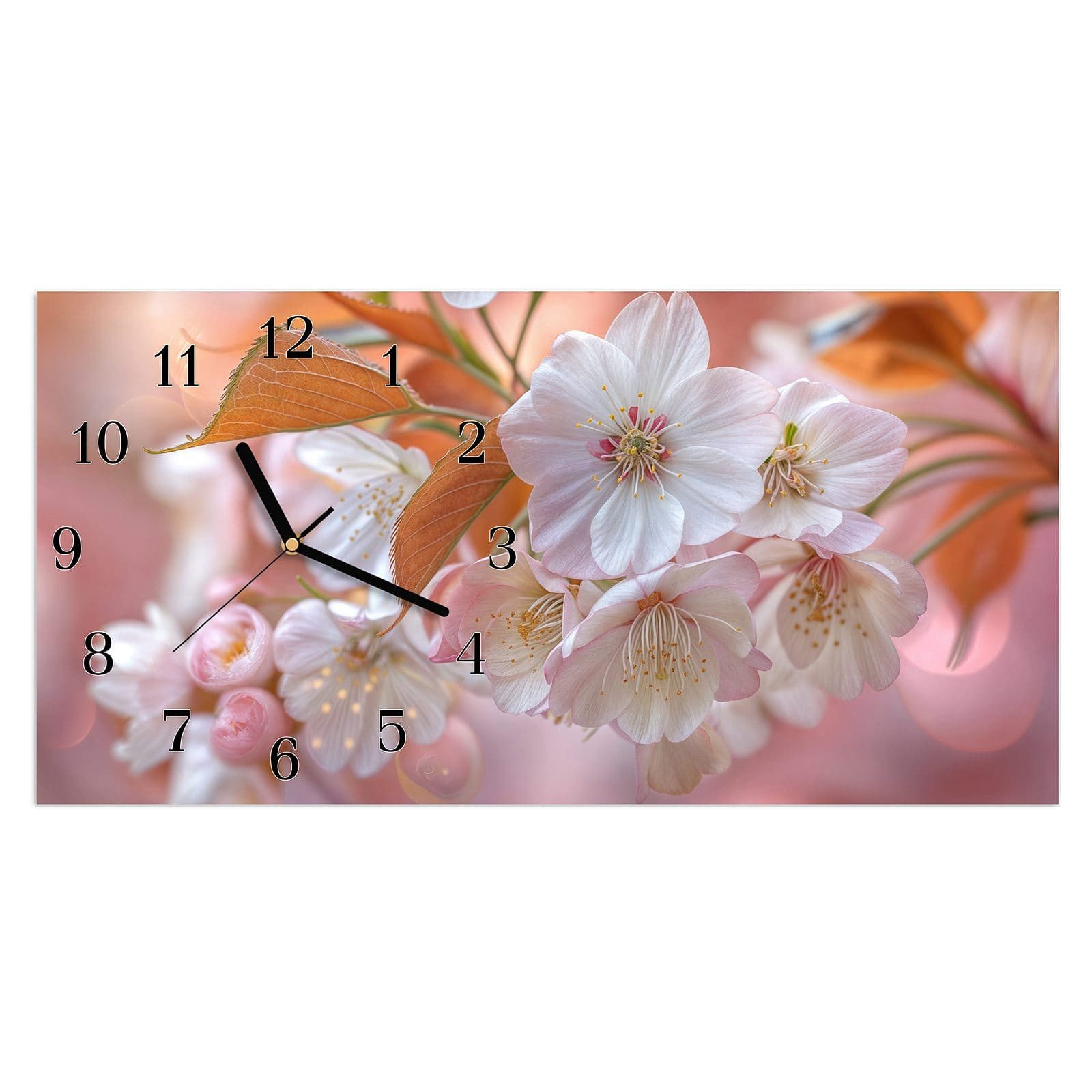 Wanduhr Glasuhr Wandkunst Größe 60 x 30 cm mit Motiv Blühende Blüten