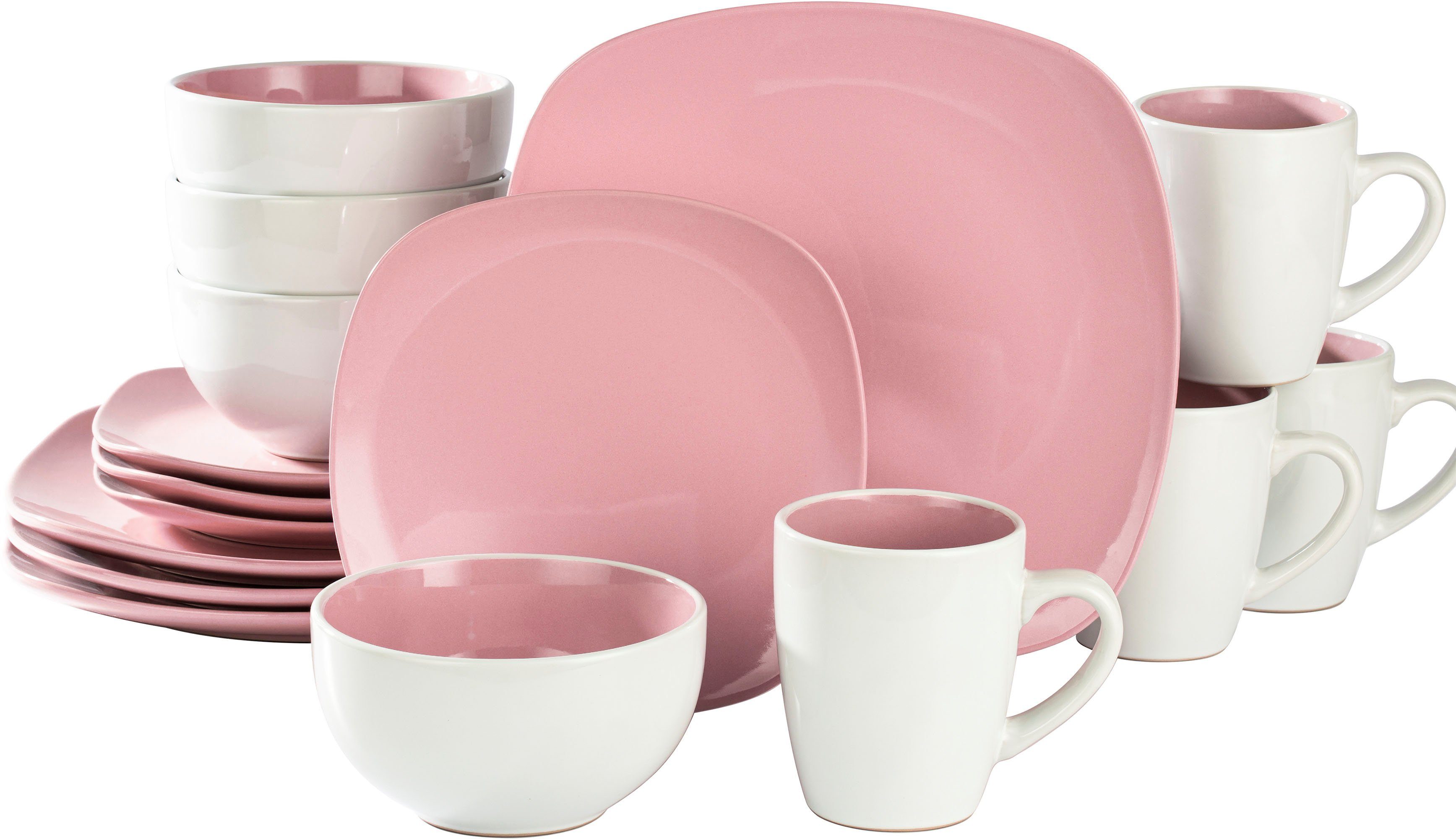 Geschirr-Set, Rosè NOVA Personen PINK/ROSÈ SQUARE Steinzeug, im 4 Arzberg Kombiservice 16 Retsch Personen, Mix Teile, und aus für 4 Service Weiß, Bicolor-Look (16-tlg),