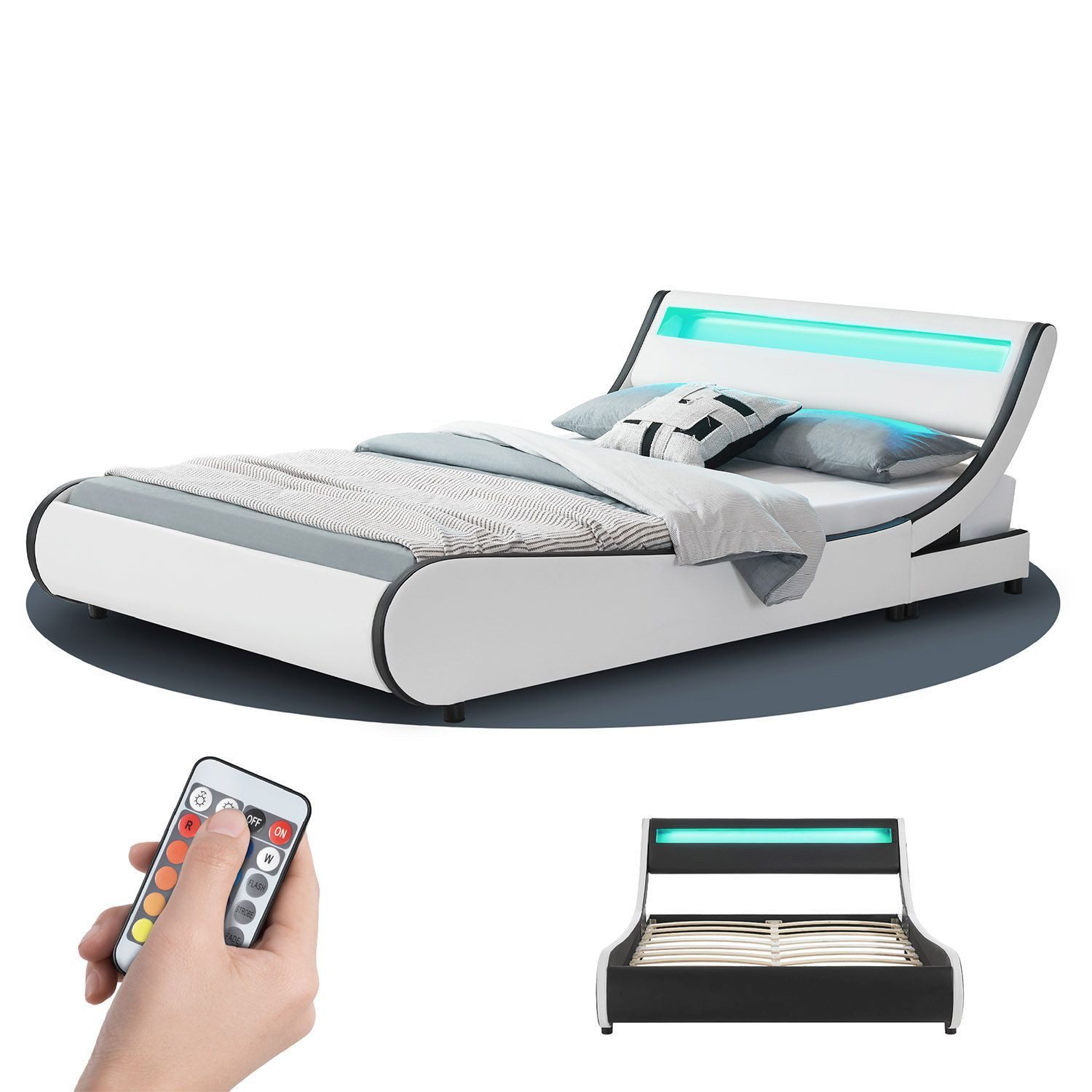 Juskys Polsterbett Valencia, 140 x 200 cm, Doppelbett mit Lattenrost, LED-Beleuchtung und Fernbedienung