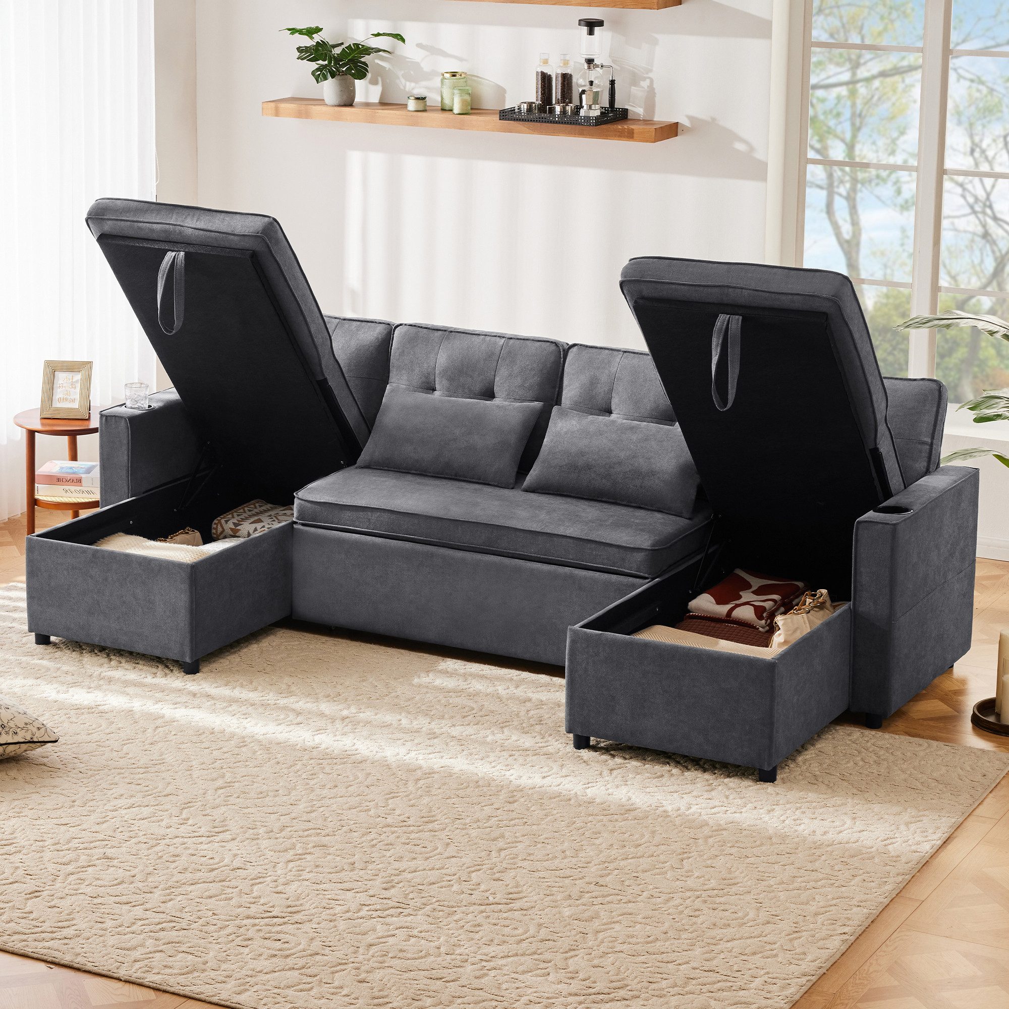 STILVORA Schlafsofa Ecksofa mit Getränkehalter&Stauraum,Polstersofa Leinen, günstig online kaufen