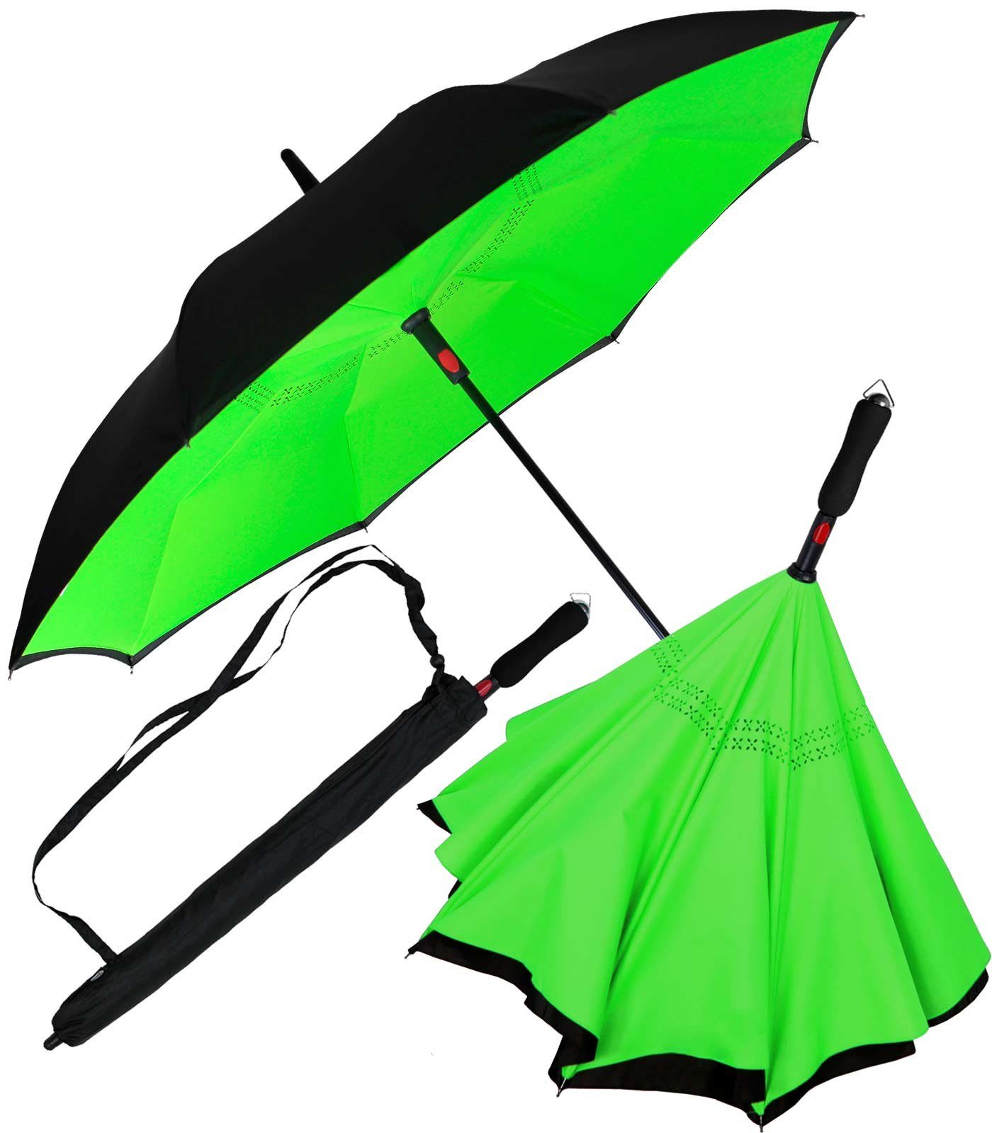 iX-brella Langregenschirm Reverse-Schirm - umgedreht umgedreht mit schwarz-neon-grün öffnen zu Automatik