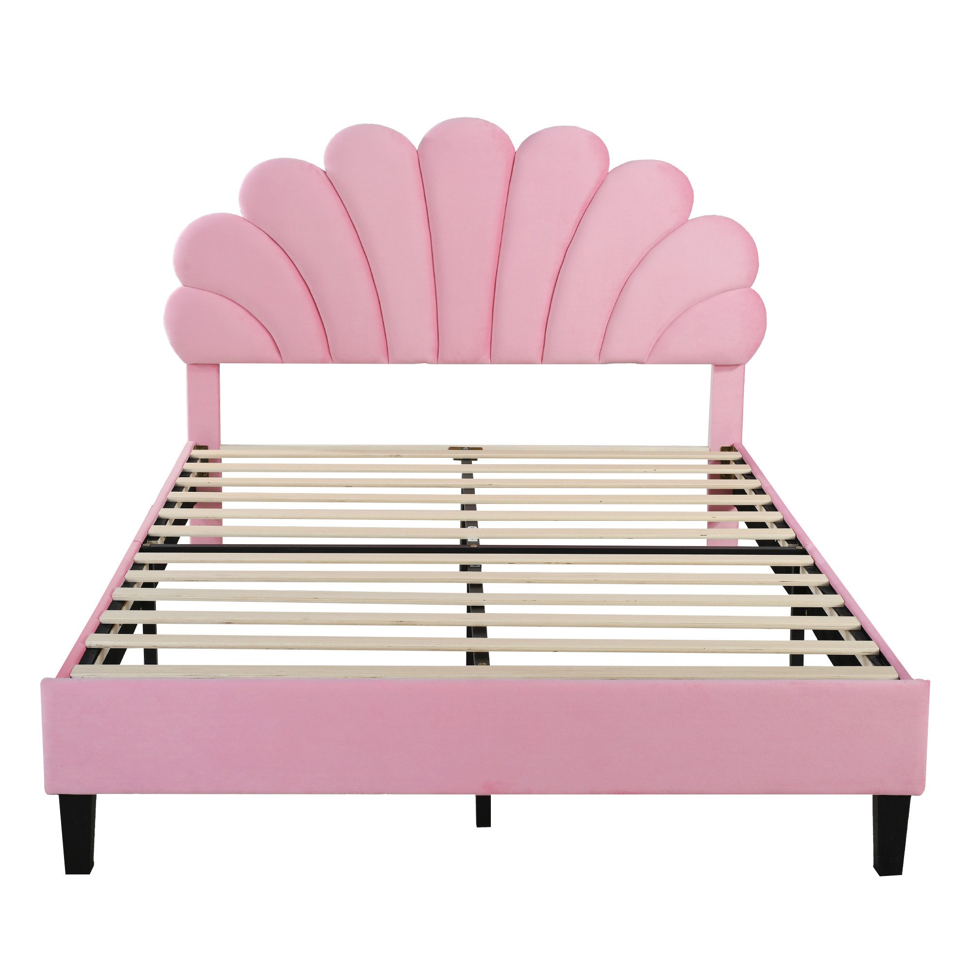 HT Polsterbett 140 x 200 cm, Bettrahmen mit blütenförmigem Kopfteil und Lattenrost (Gästebett ohne Matratze), hautfreundlicher Samtstoff Jugendbett Erwachsenenbett