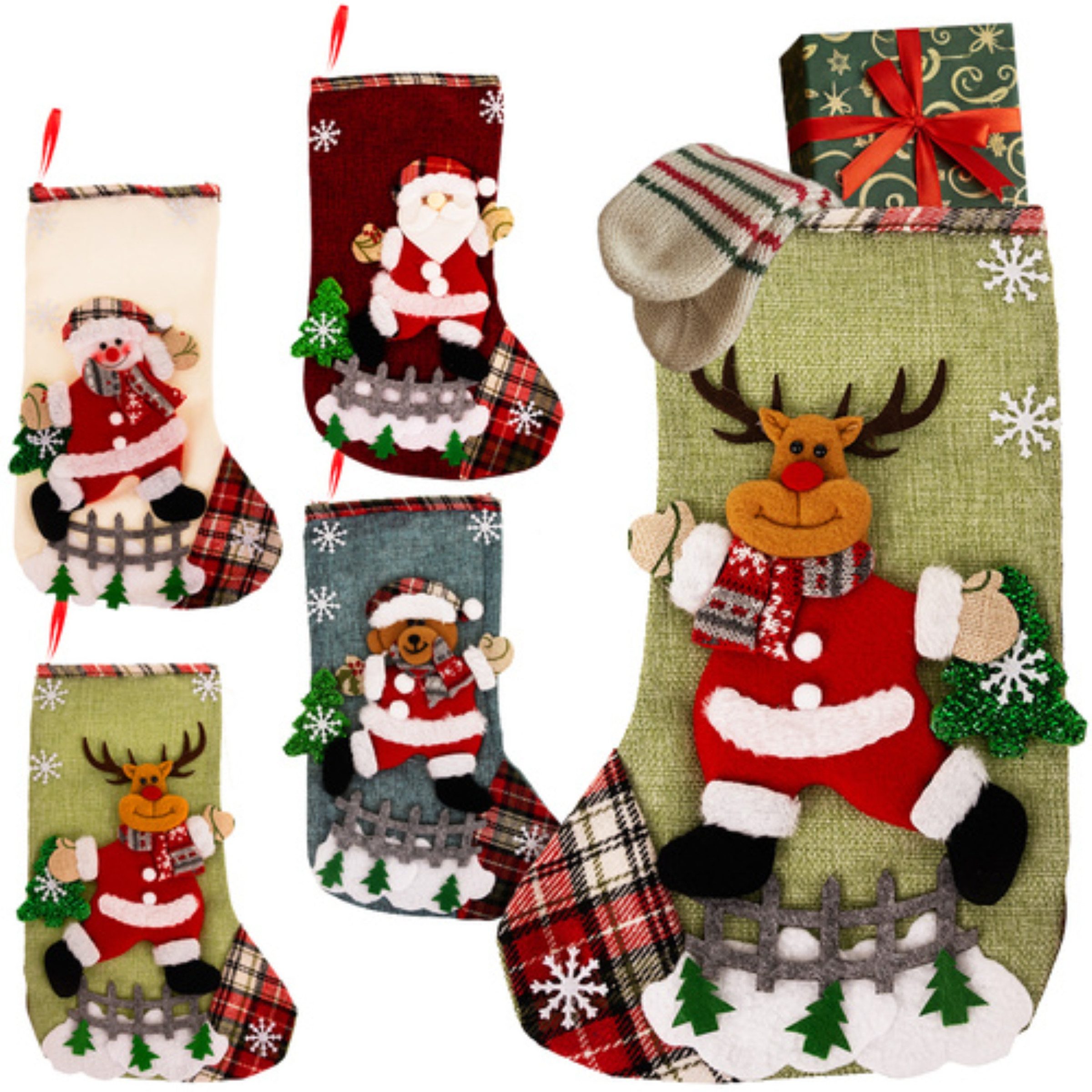 Ruhhy Nikolausstiefel Weihnachtskaminsocken mit Weihnachtsmann, Rentier, Schneemann, Bär (Dekorations- & Geschenkset für Weihnachten, 4 St., 4 dekorative Weihnachtskaminsocken im Set mit verschiedene Motiven), Wiederverwendbar, dekorativ, geräumig, 3D-Dekor, universell einsetzbar